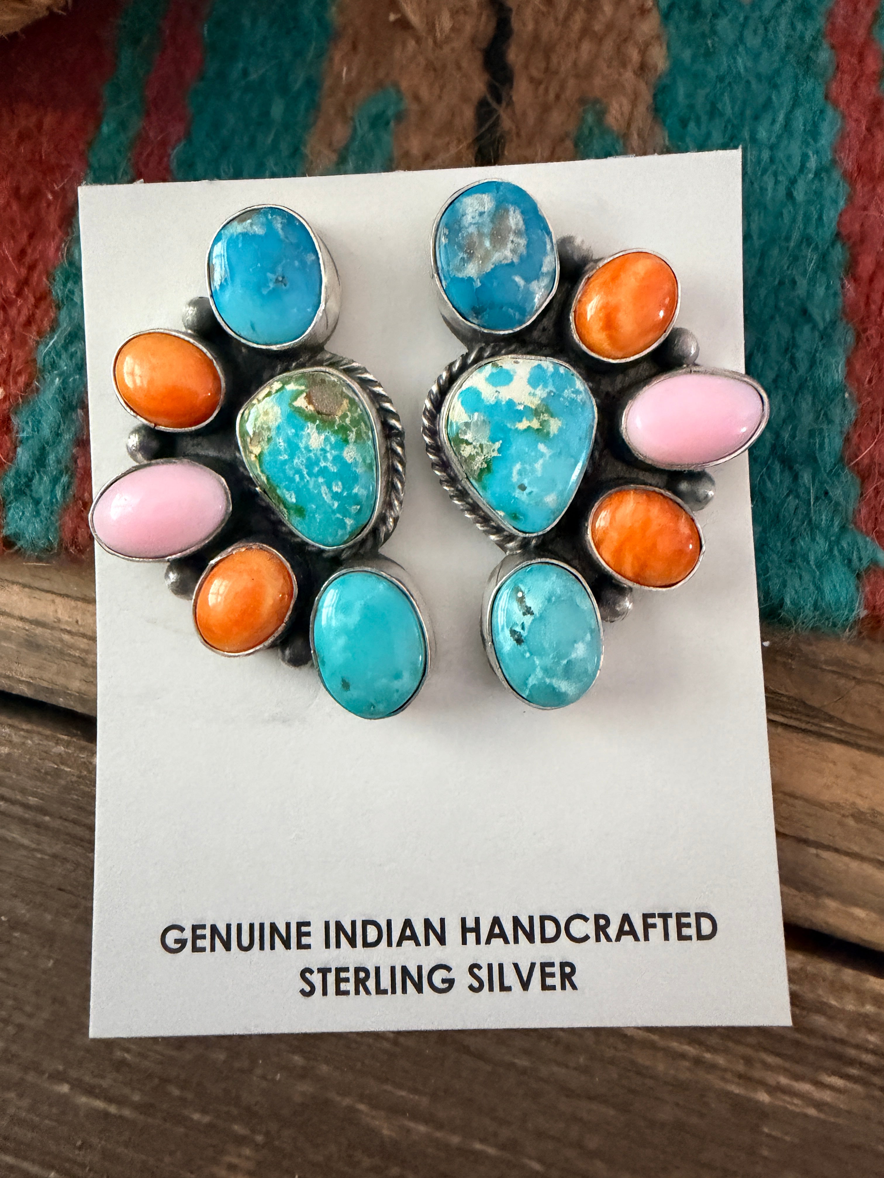 Handcrafted Turquoise, Spiny Oyster, Queen Pink Conch & Sterling Silver Post Earrings by Hiram Largo