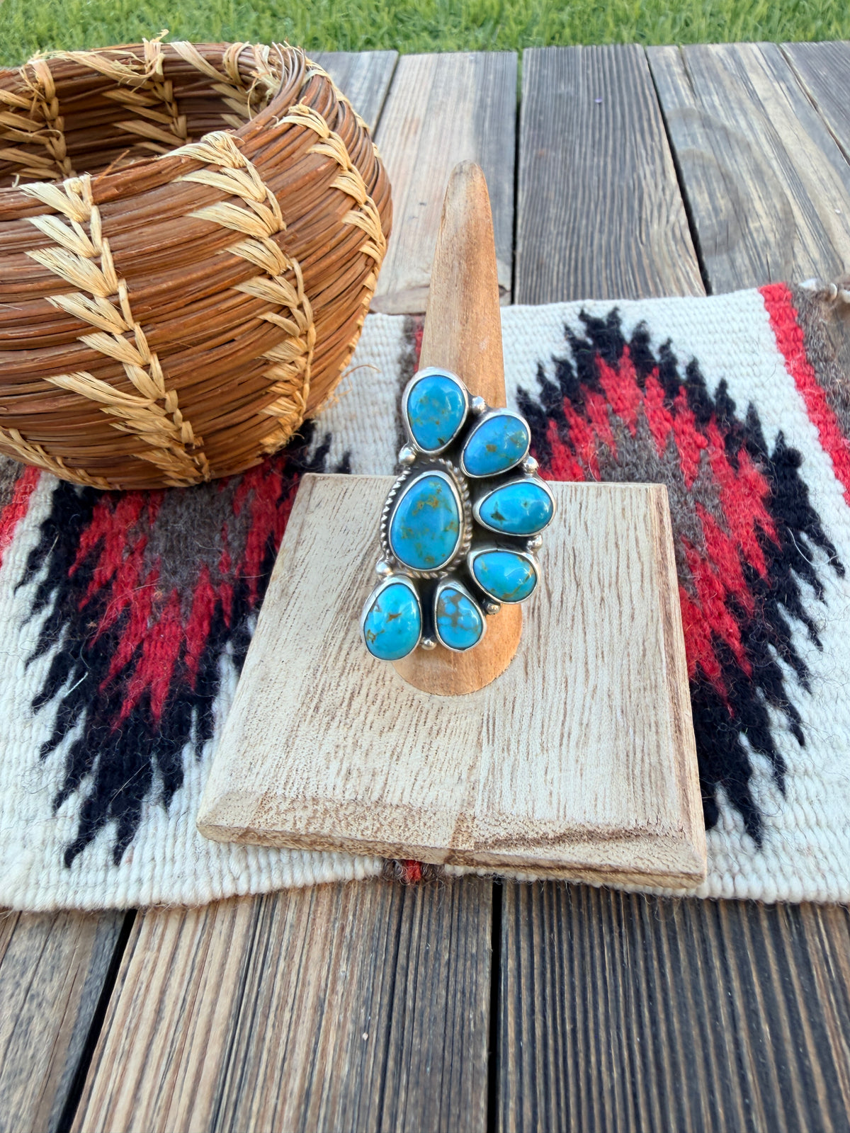 Handcrafted Turquoise & Sterling Silver Cluster Adjustable Ring by Geraldine James