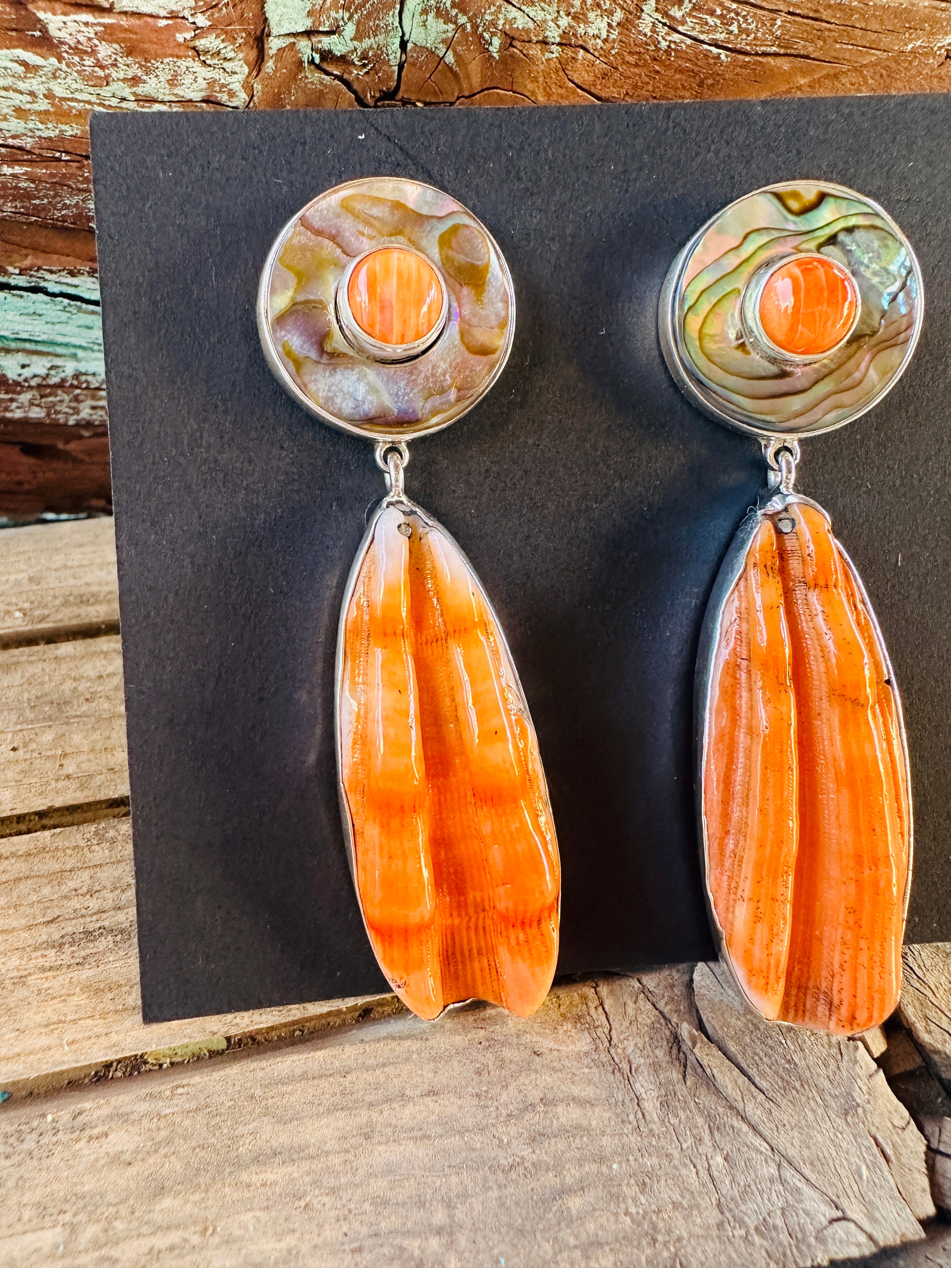 Handcrafted Spiny Oyster, Abalone & Sterling Silver Dangle Earrings by Federico Jimenez