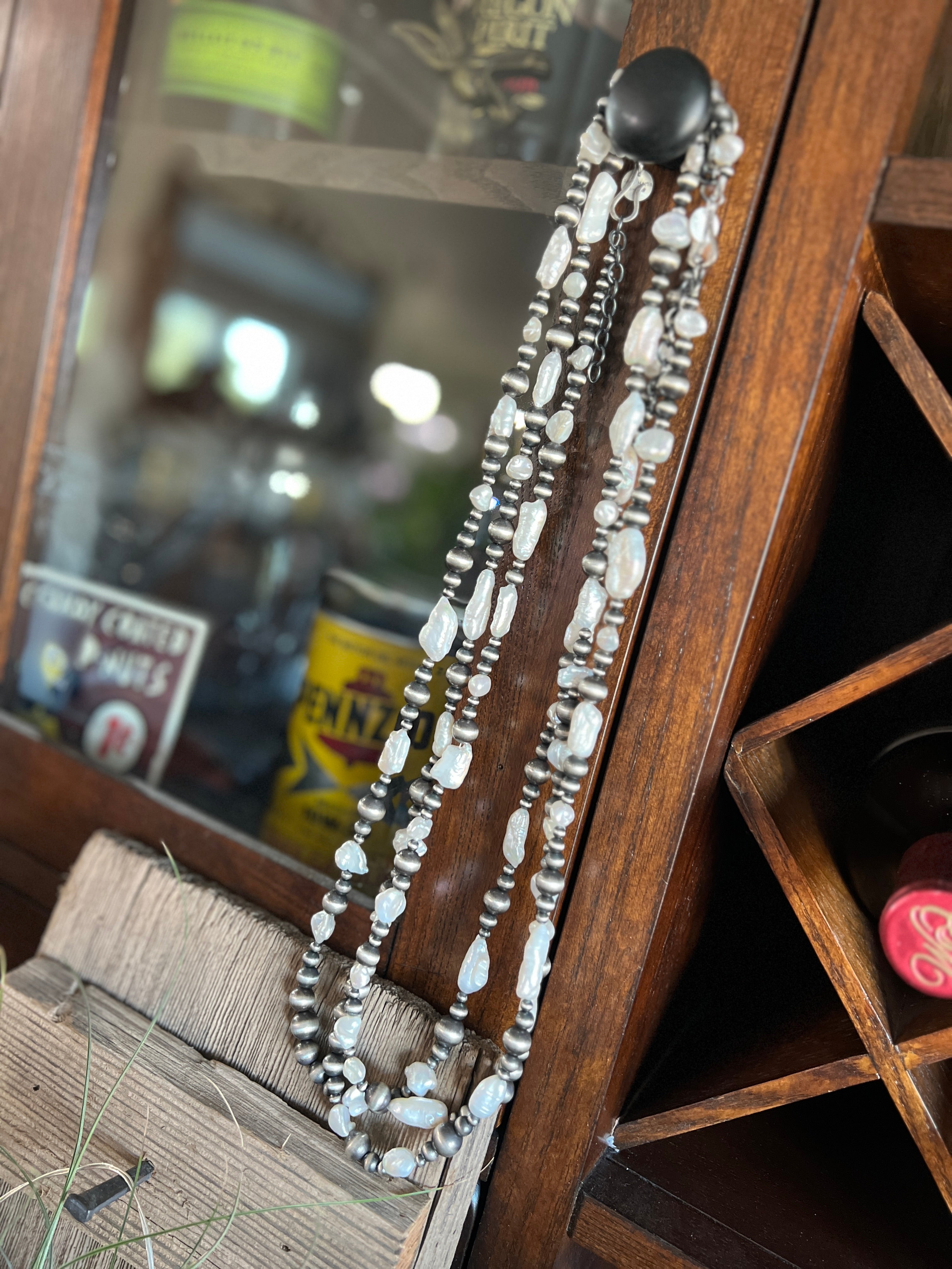 Handcrafted Sterling Silver and Freshwater Pearl Handmade Beaded Necklace by Rose Martin, 26 Inches