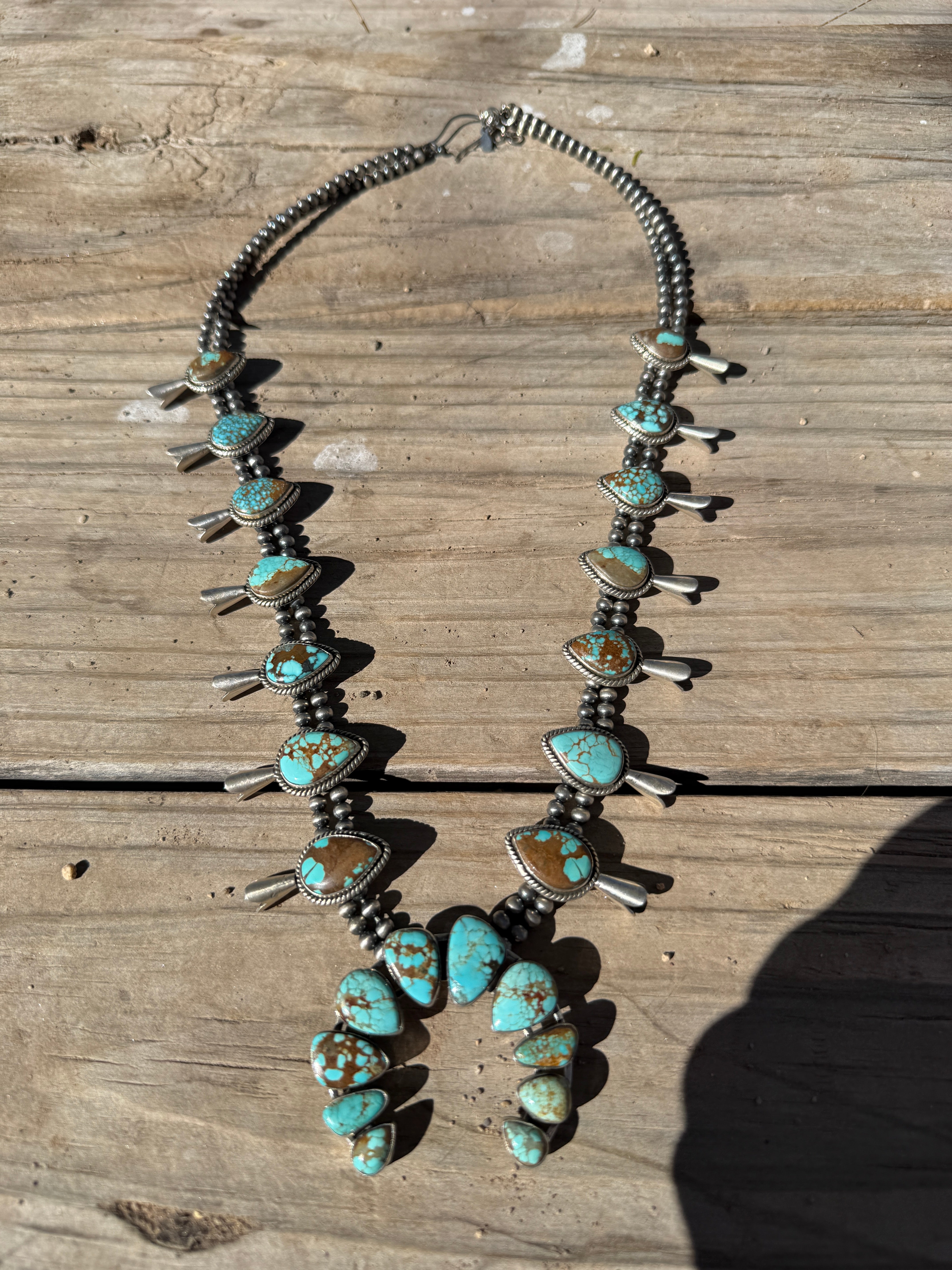 Handmade Sterling Silver & Number 8 Turquoise Squash Blossom Necklace