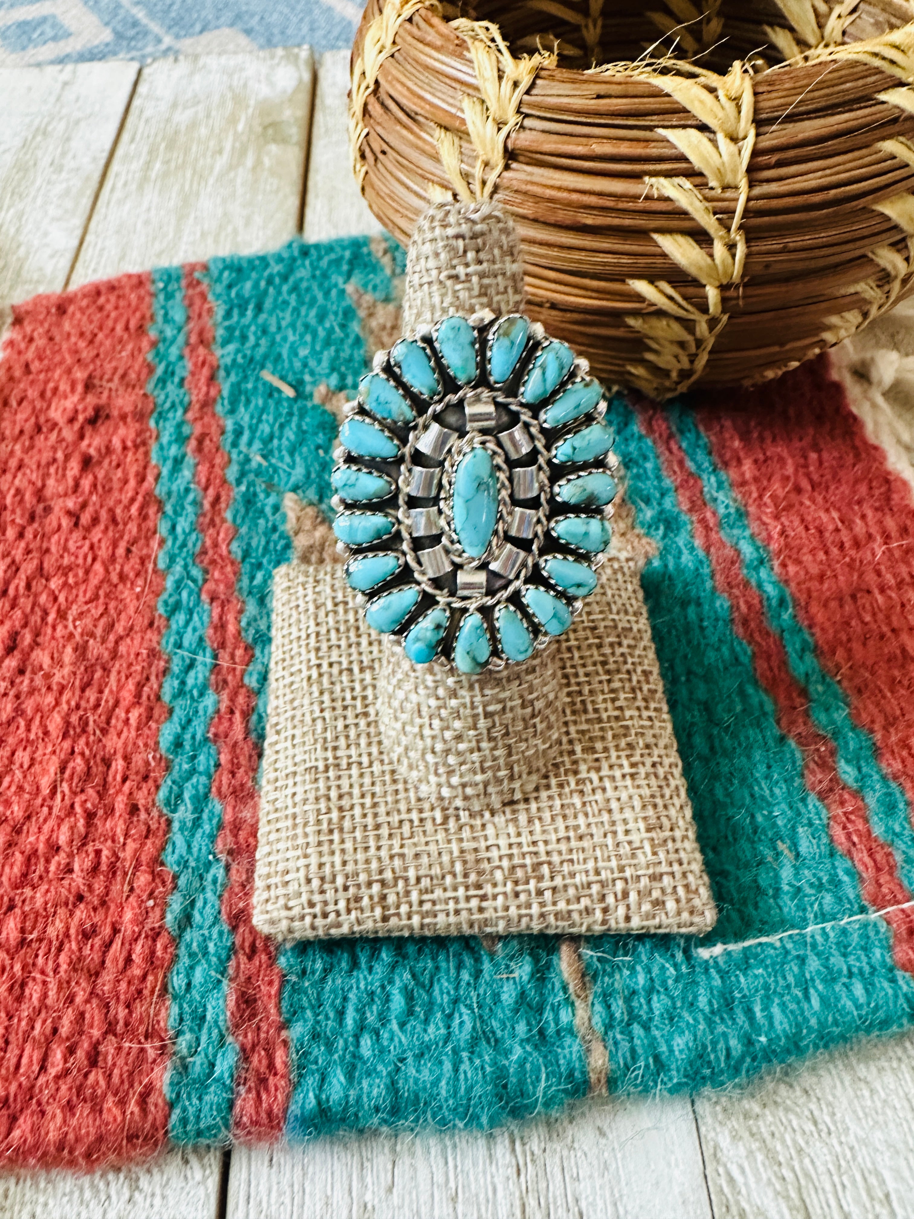 Handcrafted Turquoise & Sterling Silver Cluster Ring Size by Leander Nez