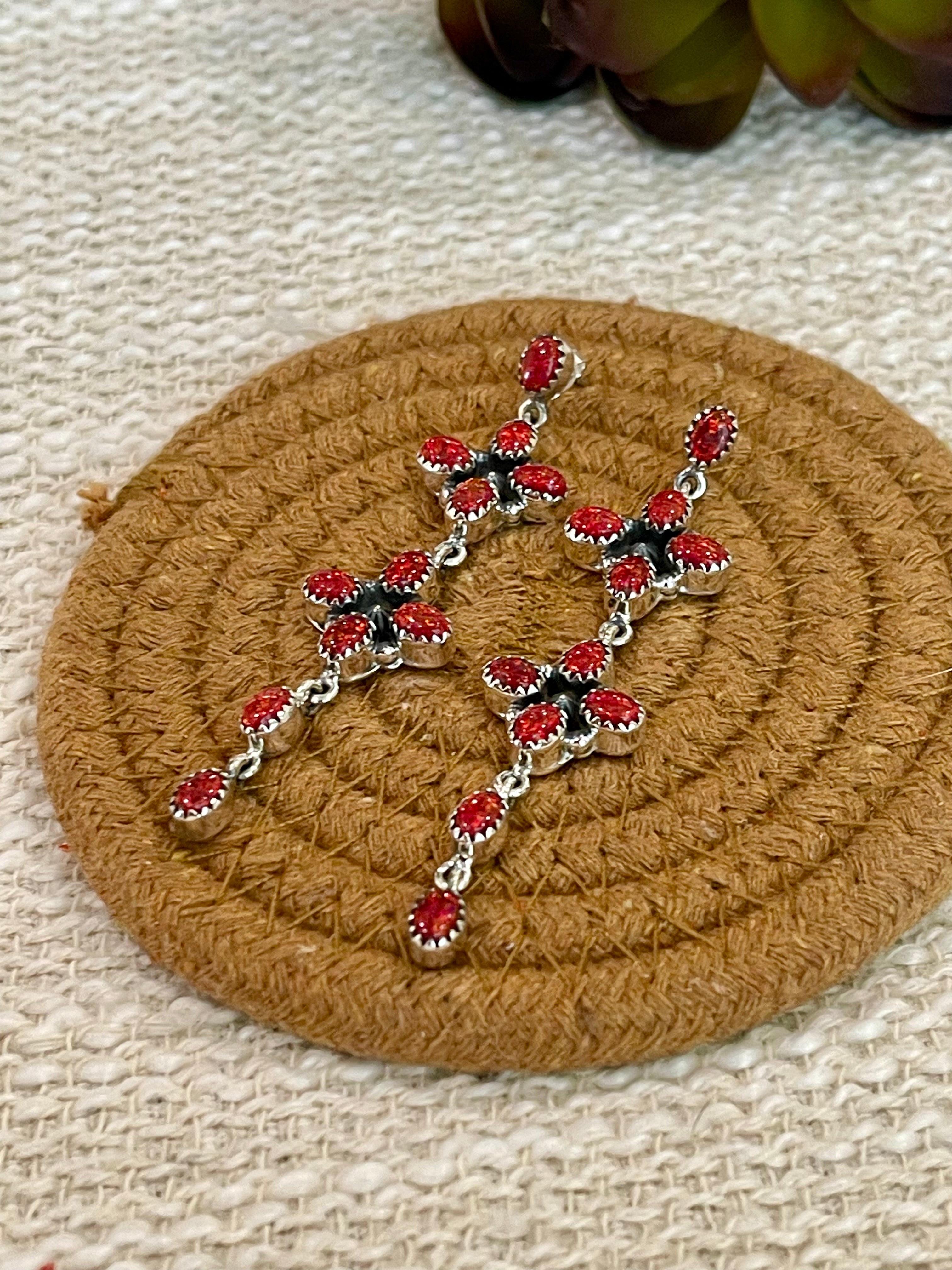 ** 4TH OF JULY ** Handmade Sterling Silver Synthetic Opal Dangle Earrings with Signed Nizhoni