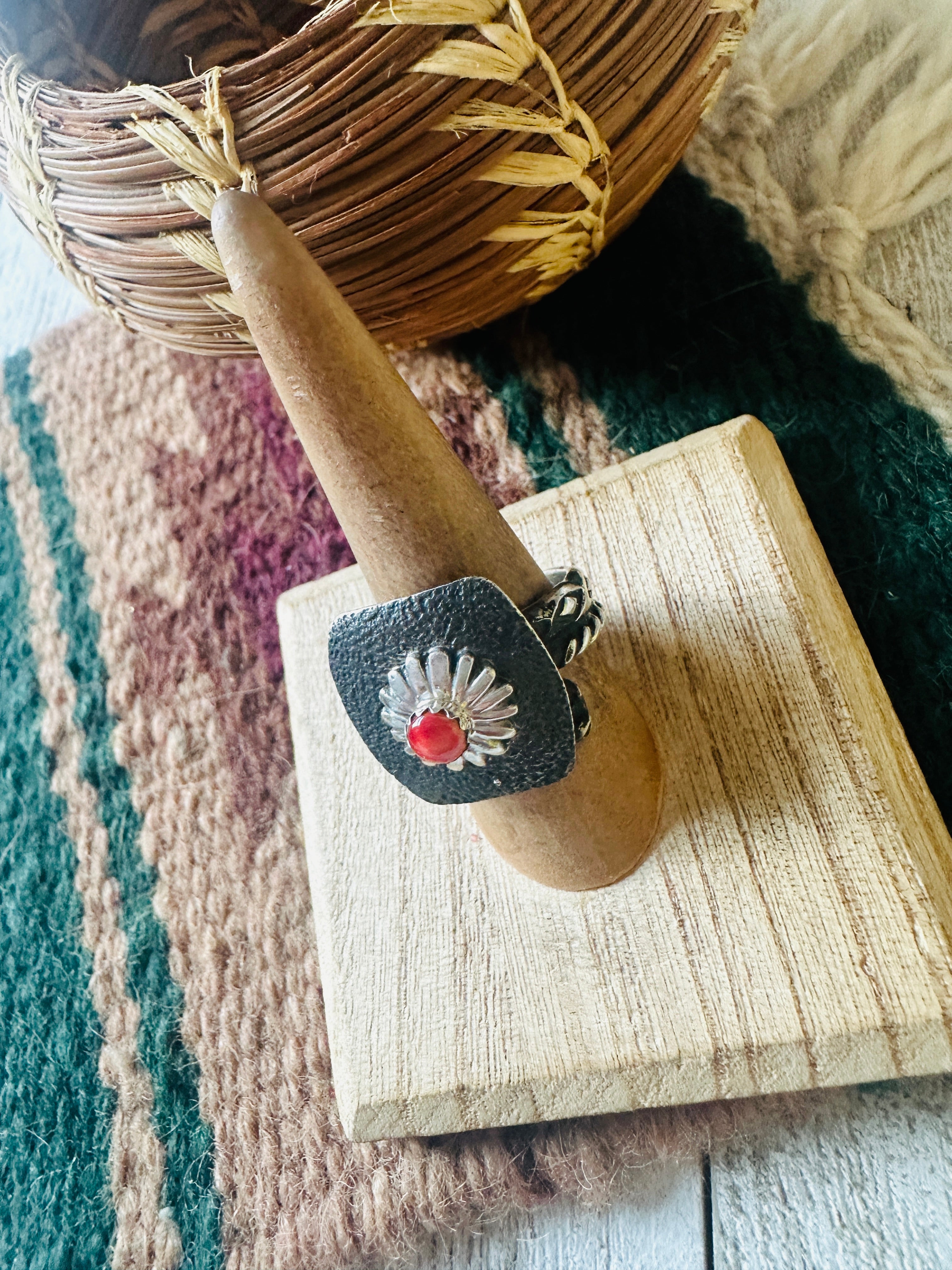 Handcrafted Sterling Silver & Red Spiny Concho Adjustable Ring