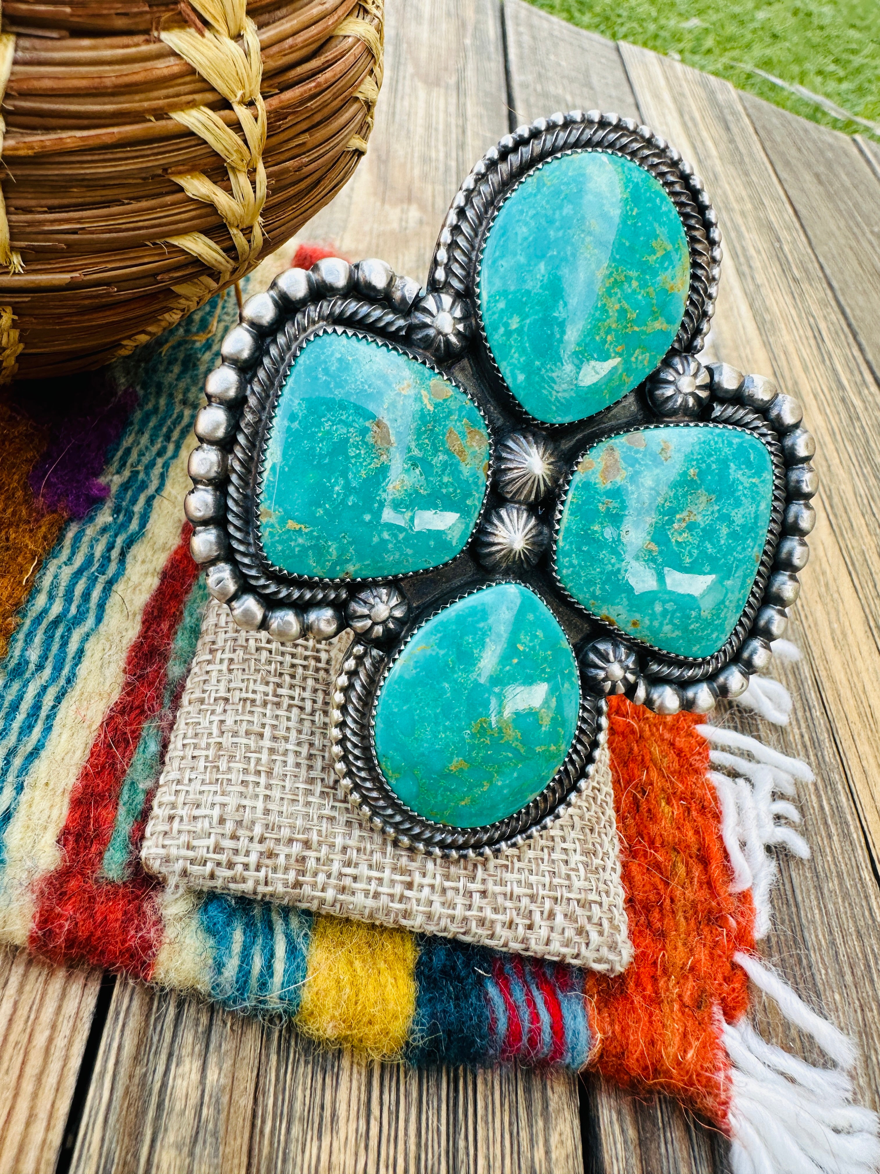 Old Pawn Handcrafted Turquoise & Sterling Silver Adjustable Ring by Readda Begay