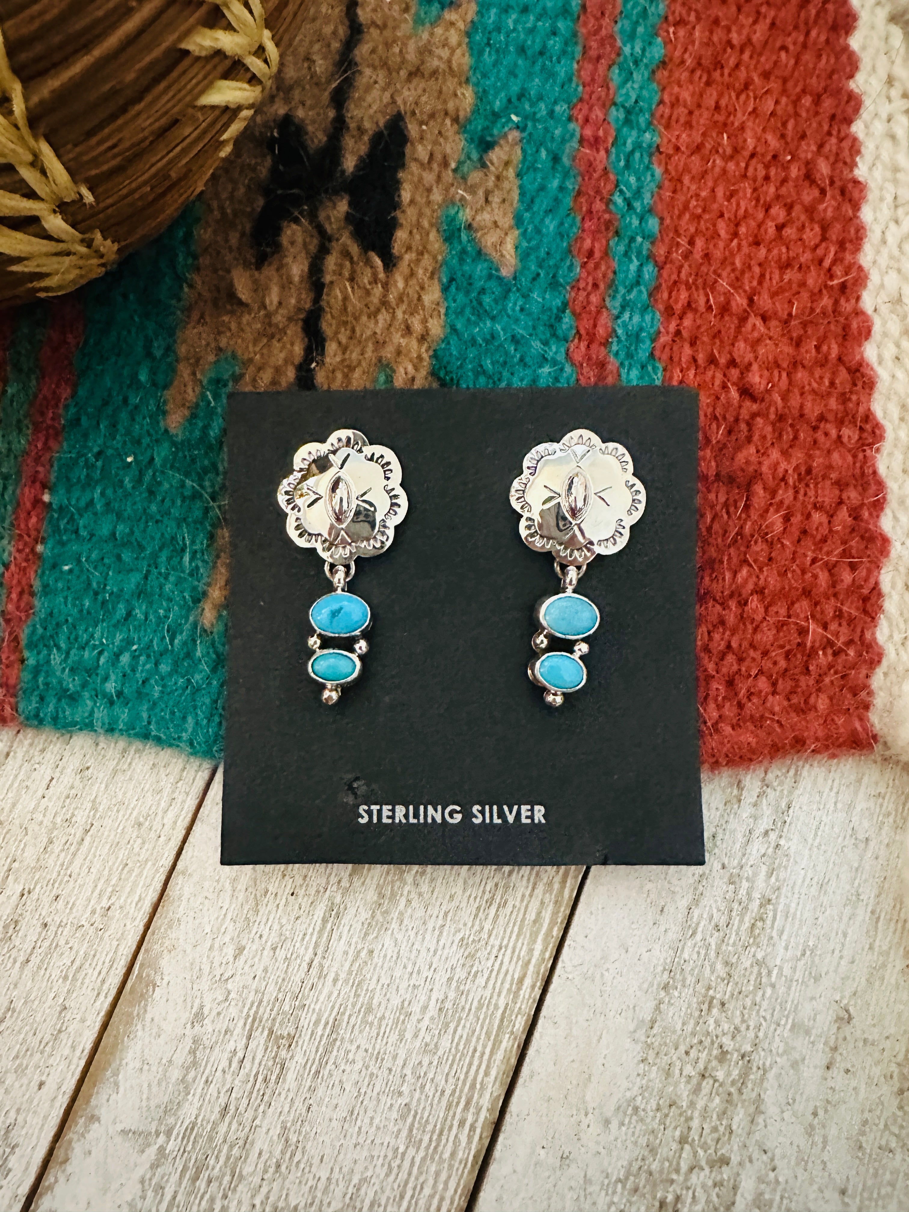 Navajo Sterling Silver & Turquoise Concho Dangle Earrings
