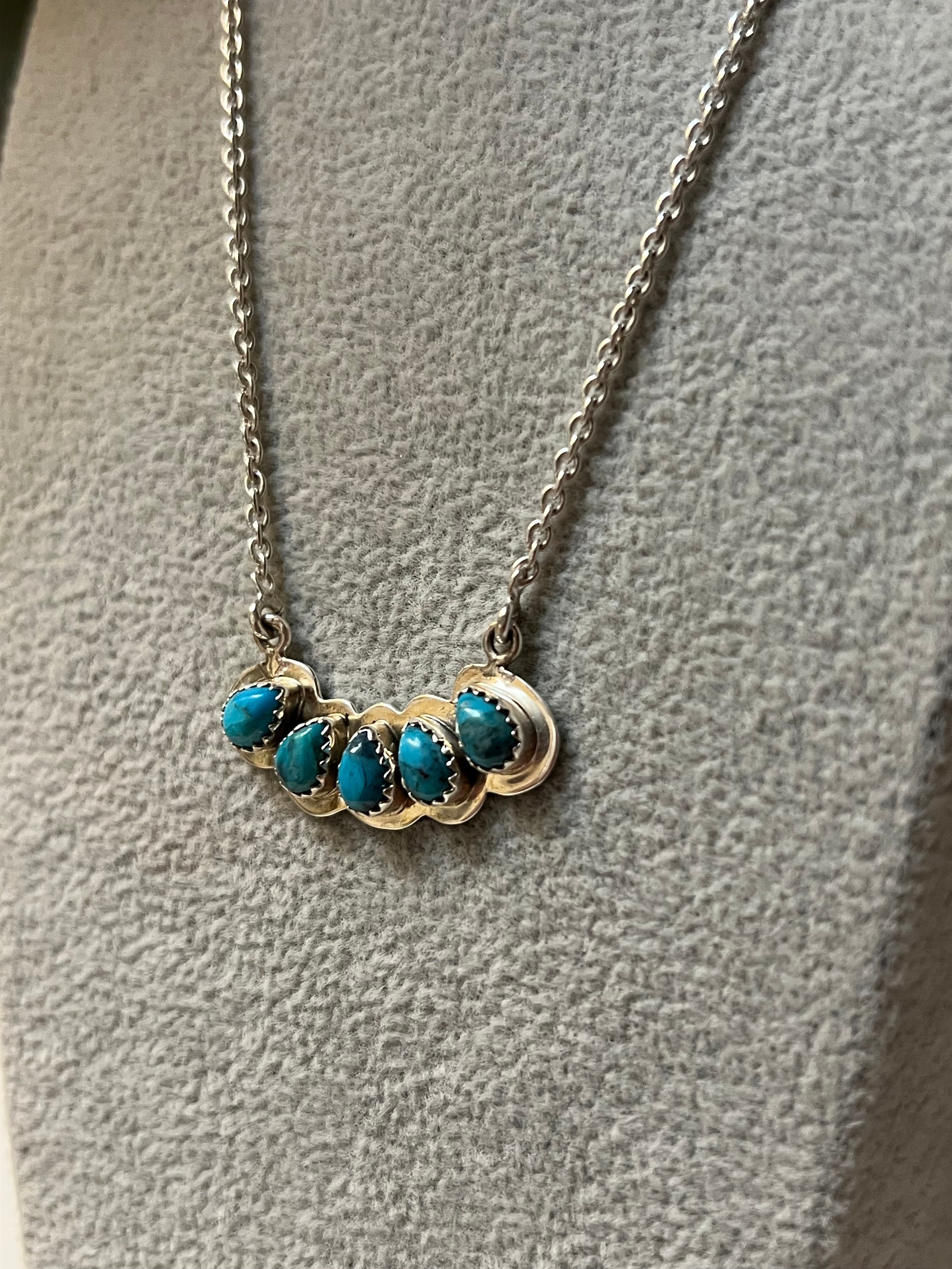 Handmade 5 Stone Turquoise & Sterling Silver Tear Drop Bar Necklace