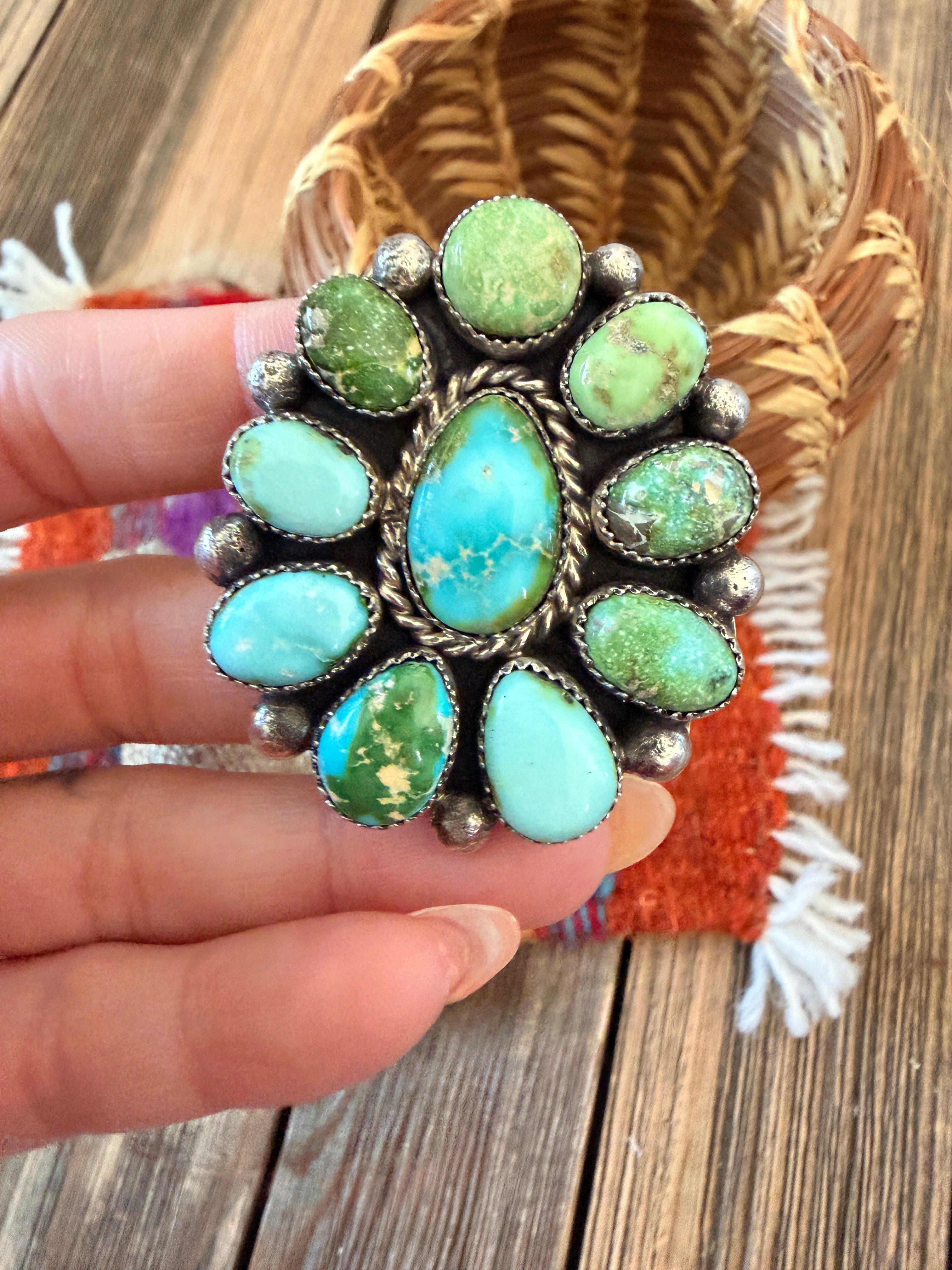 Handcrafted Sonoran Mountain Turquoise & Sterling Silver Cluster Adjustable Ring