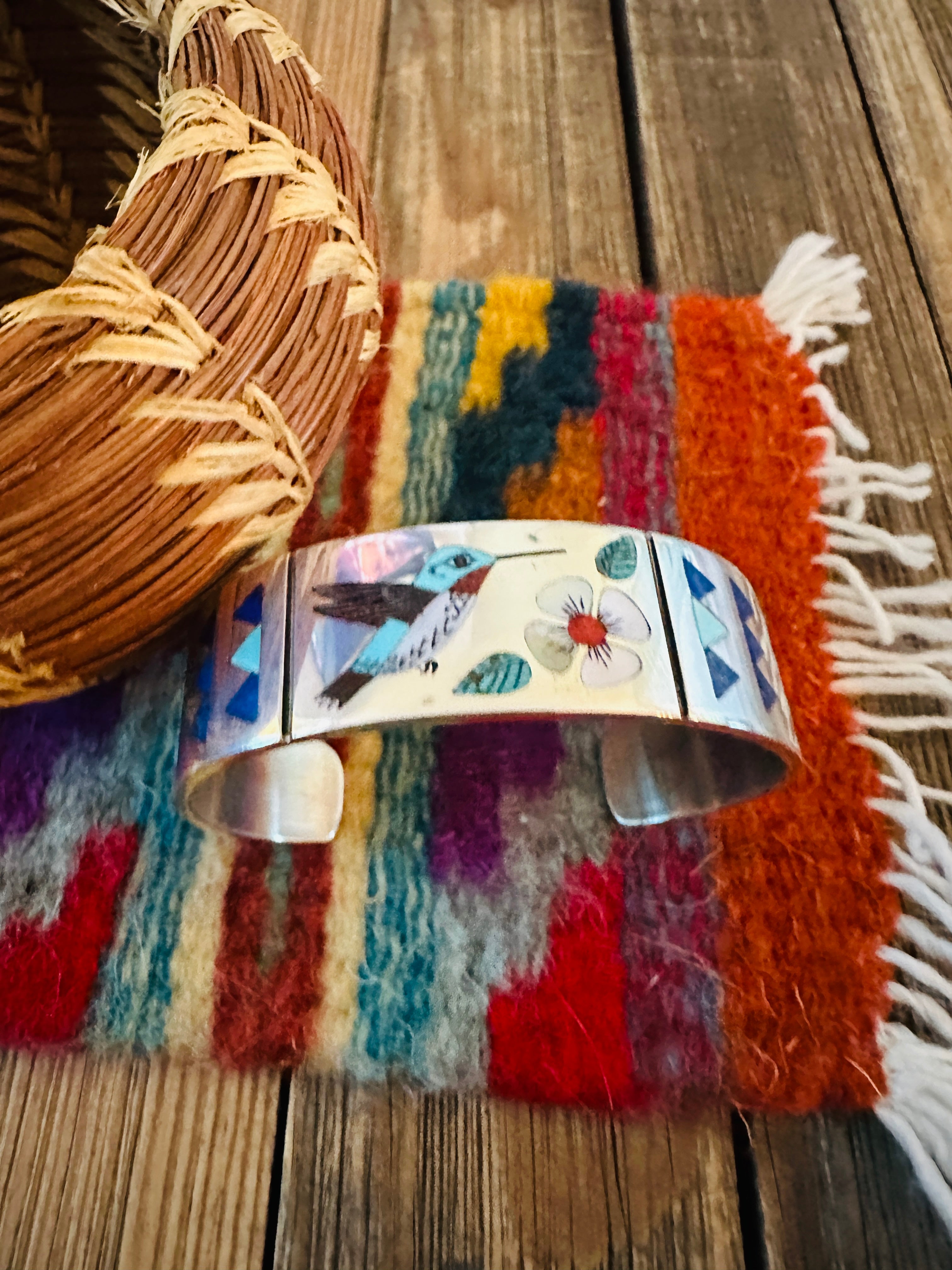 Handcrafted Sterling Silver & Multi Stone Inlay Hummingbird Cuff Bracelet by R.N. Laconsello