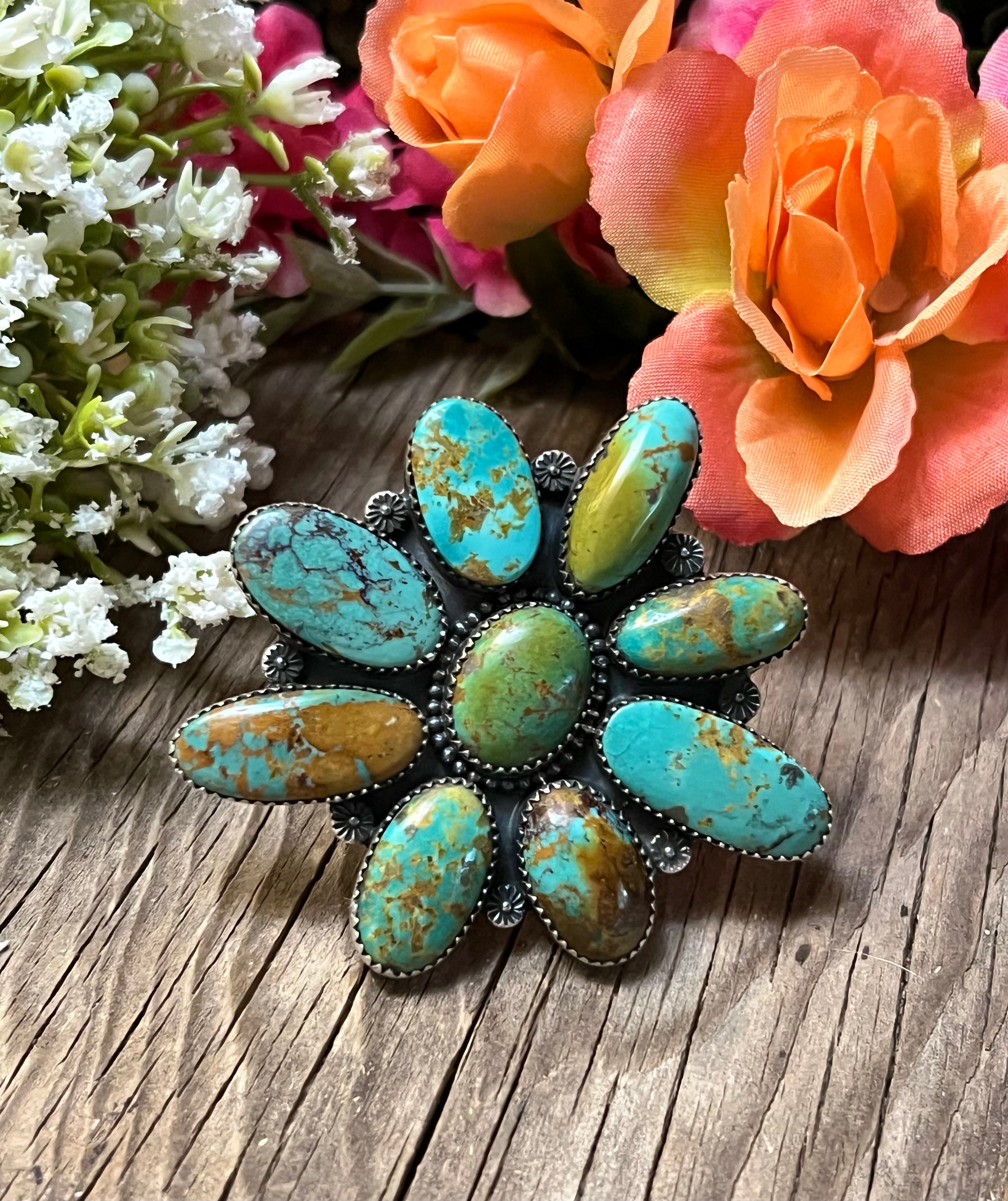 Handmade Sterling Silver & Mantis Turquoise Flower Cluster Adjustable Statement Ring