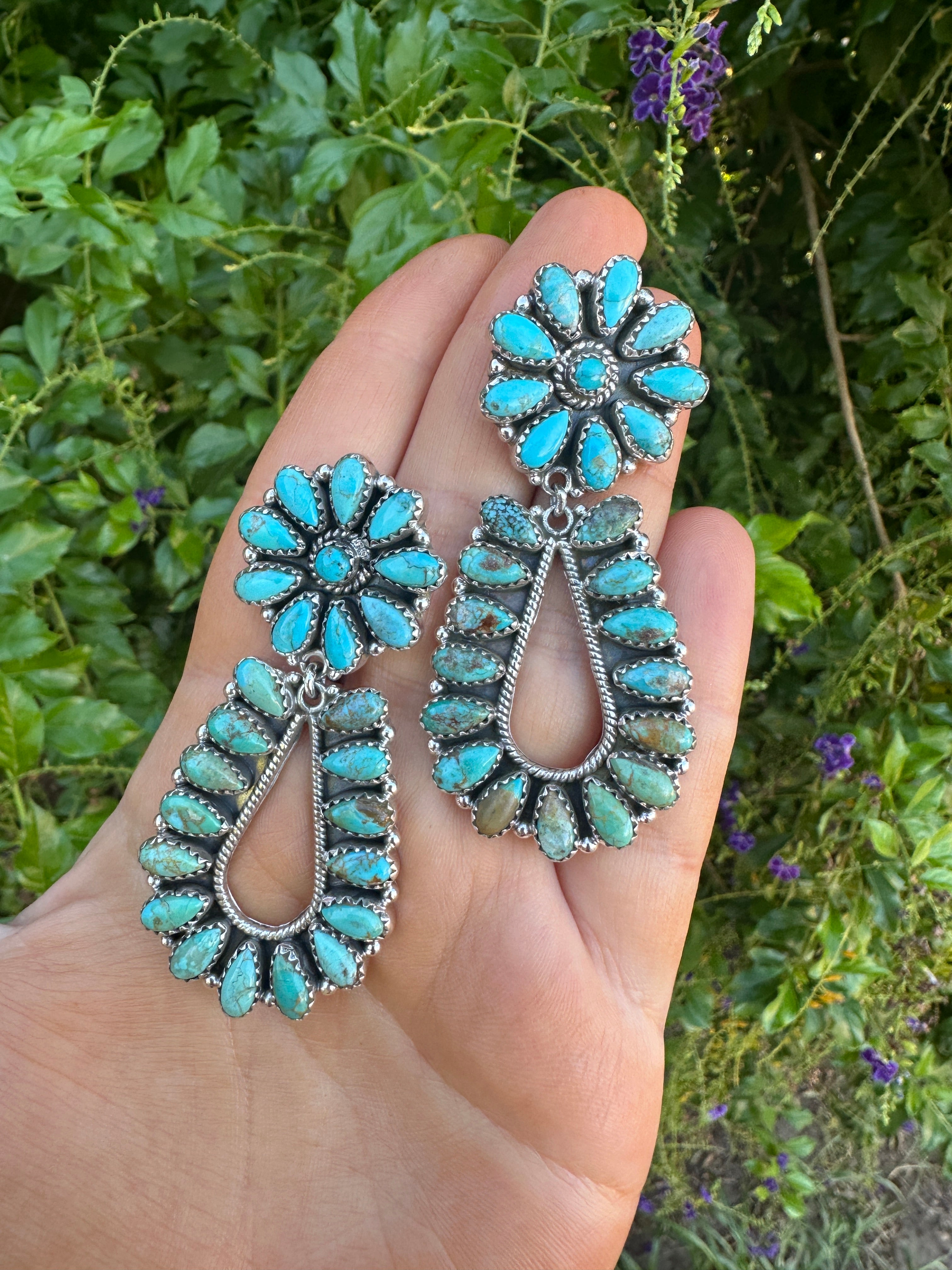 FLOWER DROPS Handmade Turquoise and Sterling Silver Dangles