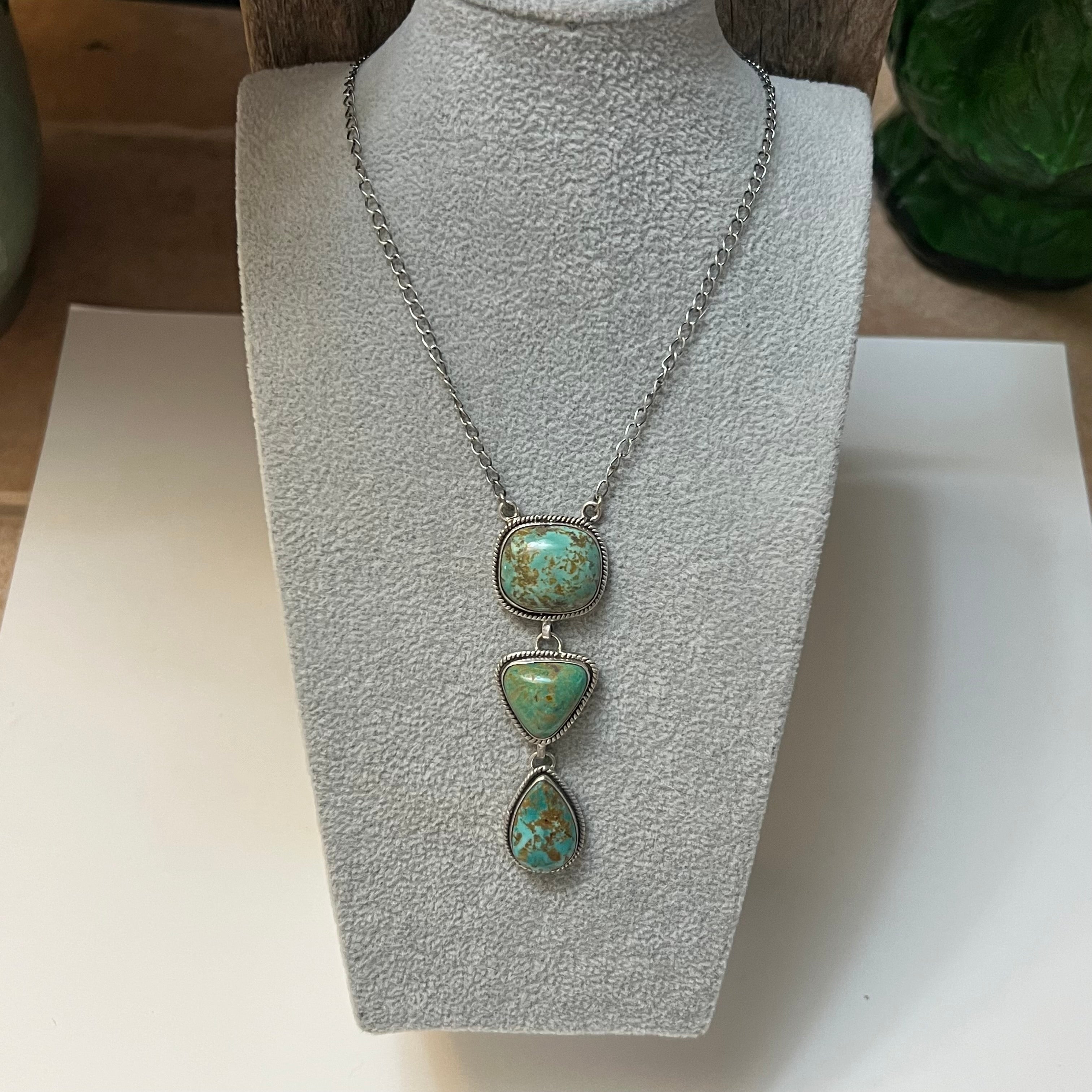 Handmade 3 Stone Turquoise & Sterling Silver Drop Necklace (06)