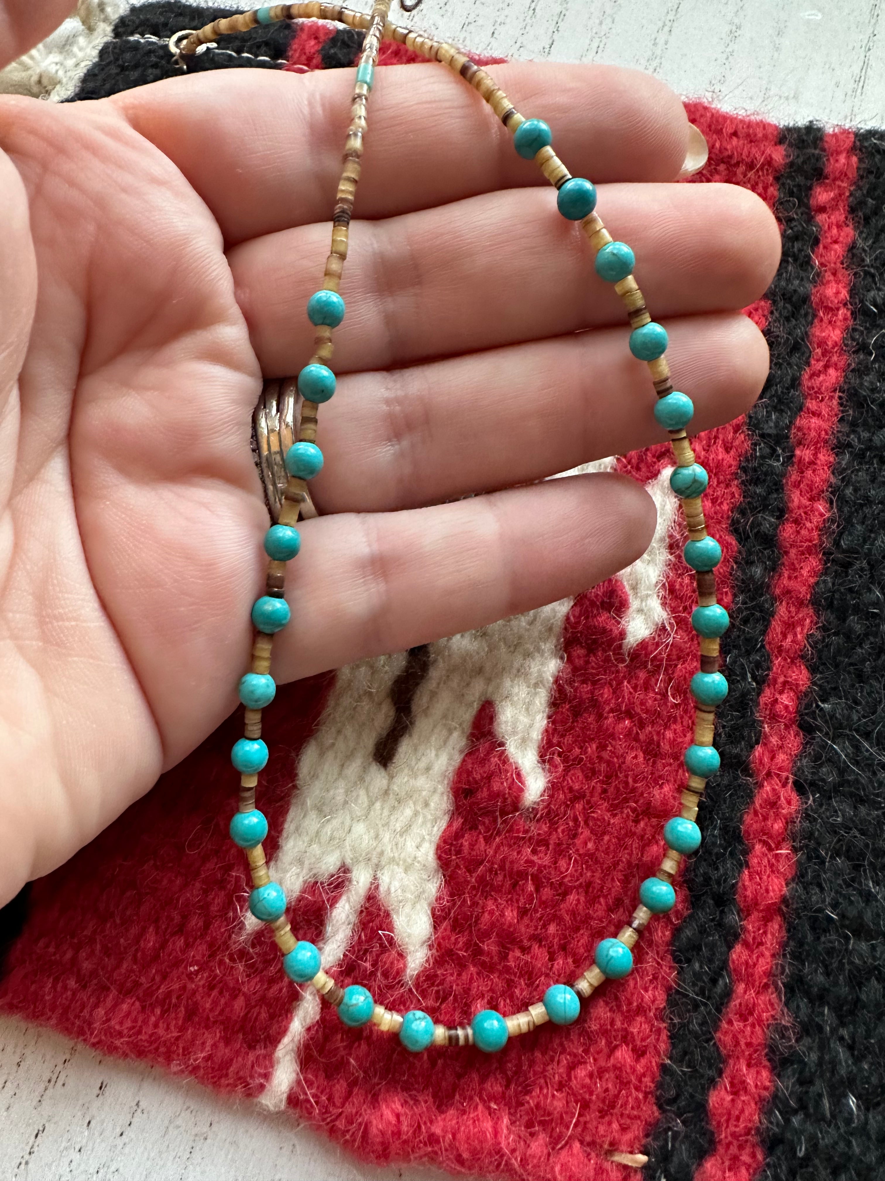 Handcrafted Turquoise And Heishi Beaded Necklace 16”