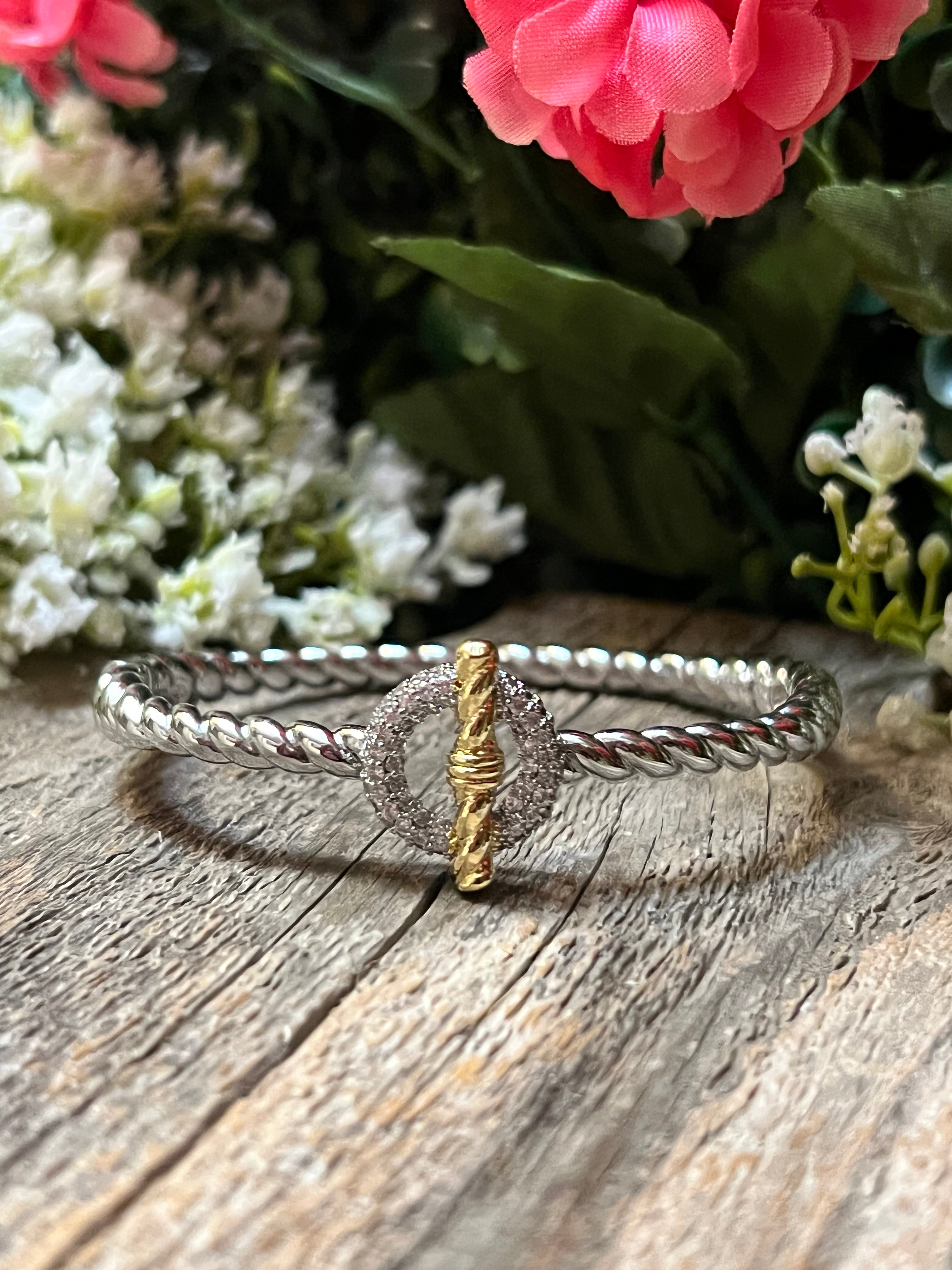 Silver & 14k Gold Plated CZ Toggle Bar Bangle Bracelet