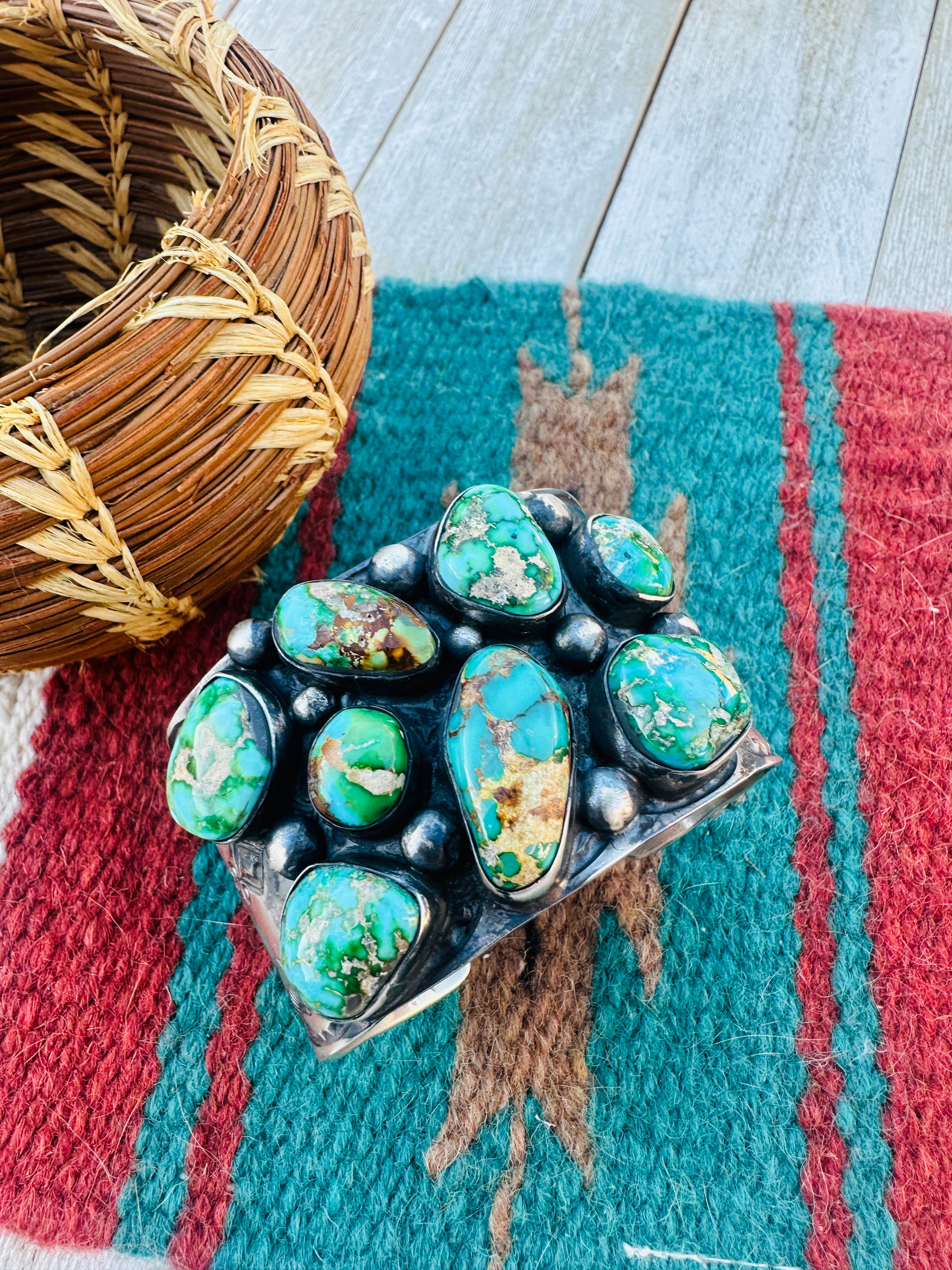 Handcrafted Sterling Silver & Sonoran Mountain Turquoise Cluster Cuff Bracelet by Chimney Butte
