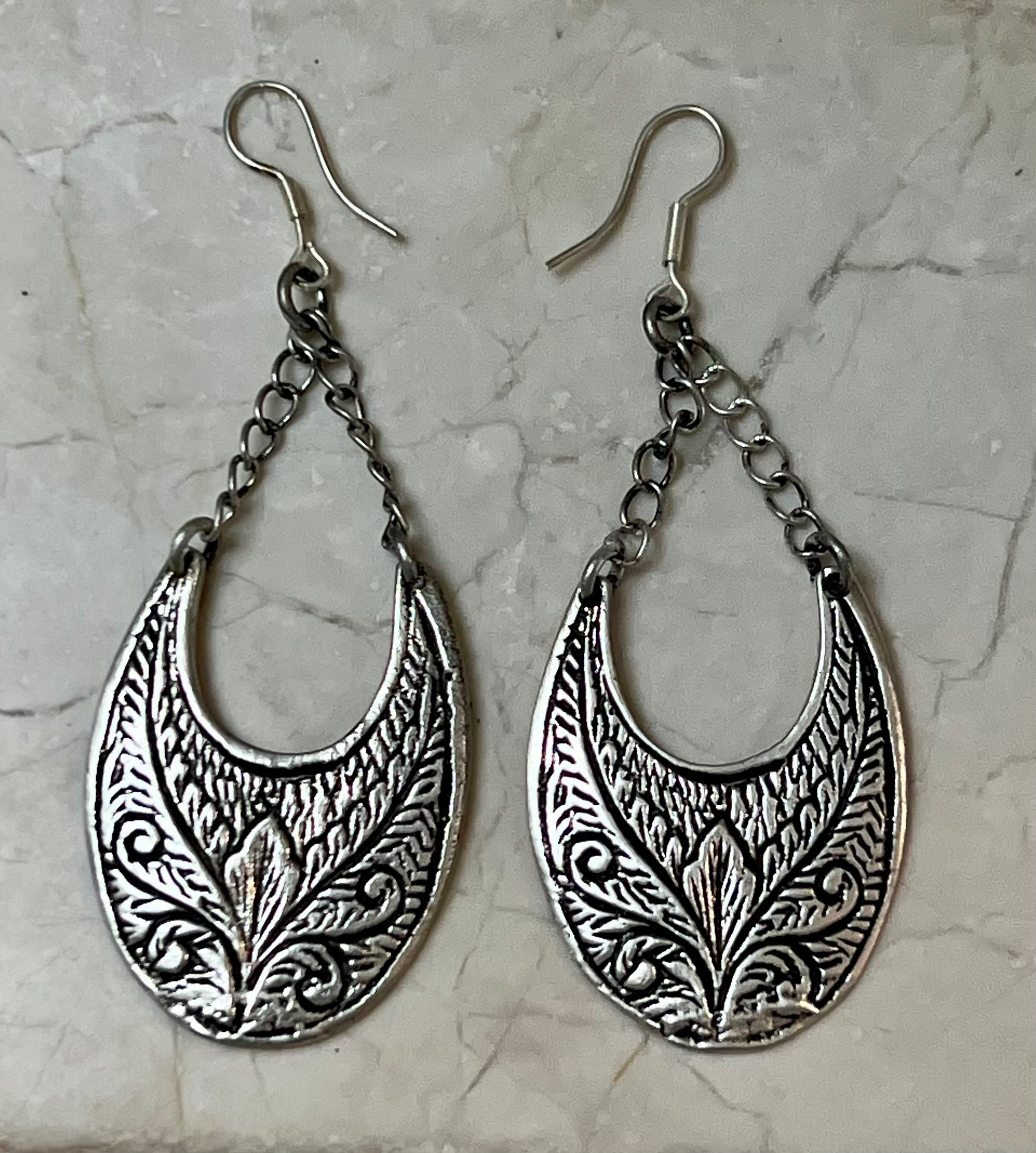 Oval-Shaped, Silver-Plated Engraved Earrings
