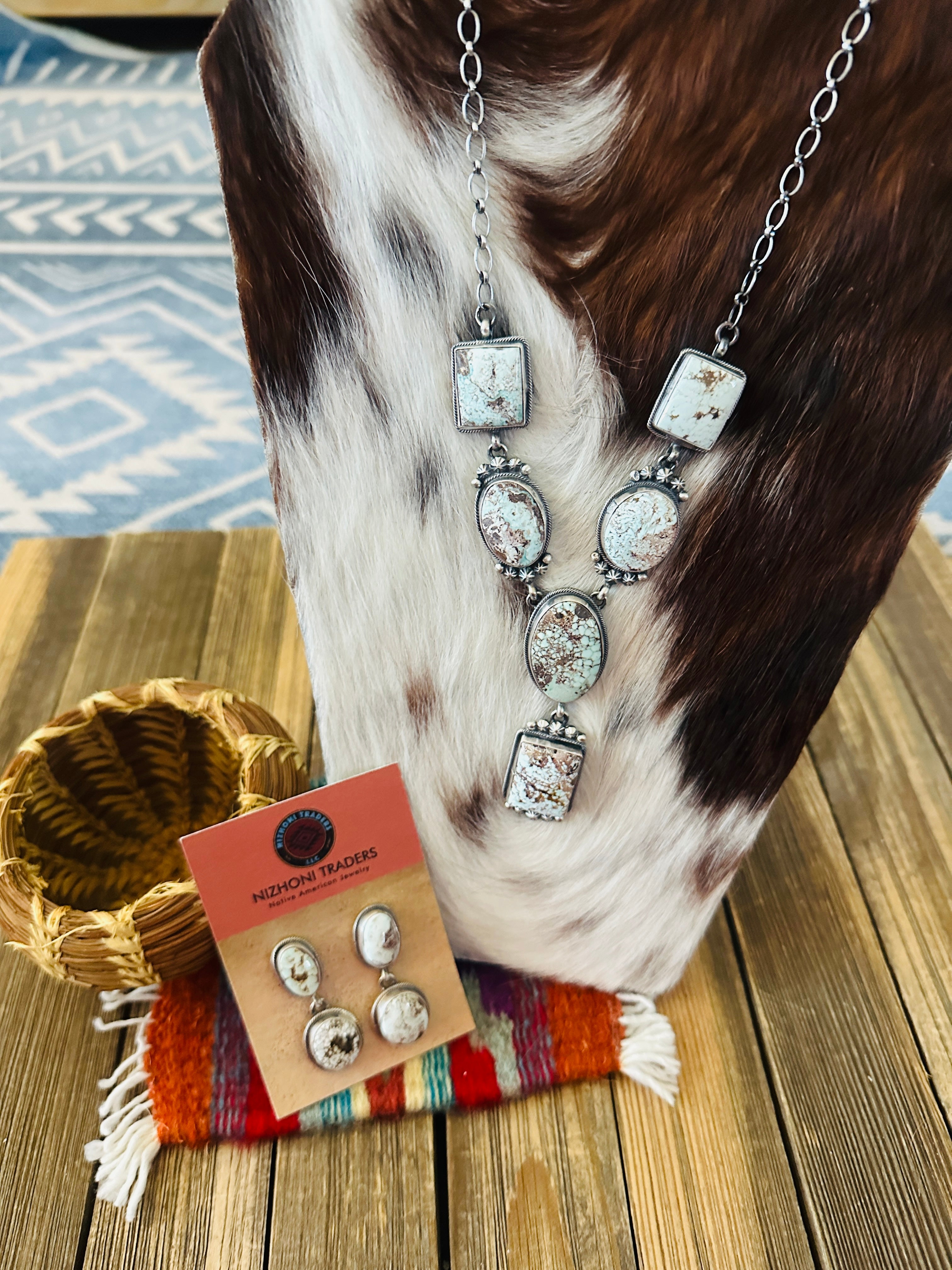 Handcrafted Dry Creek Turquoise & Sterling Silver Necklace and Earring Set by Darrin Livingston
