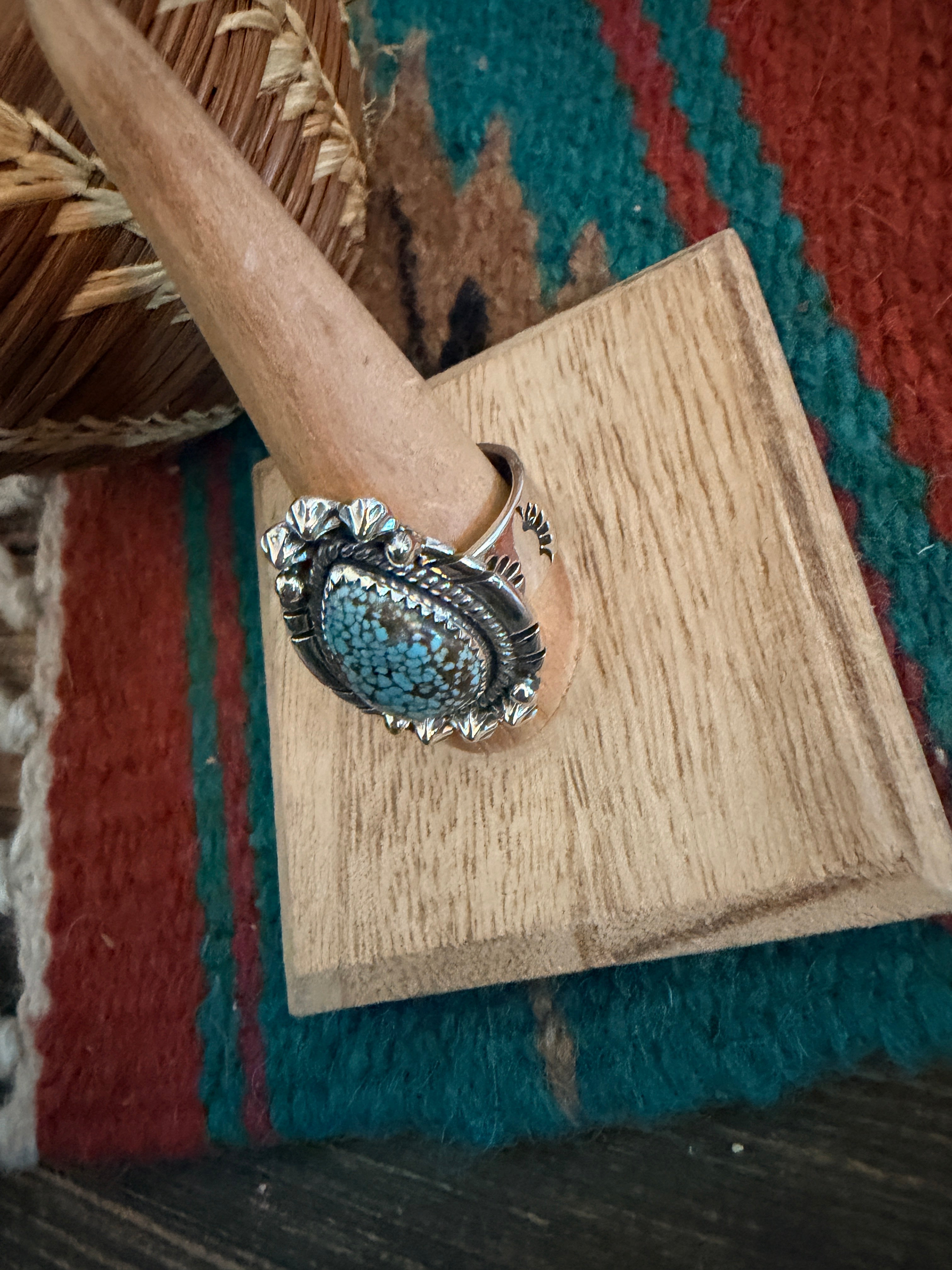 Handmade Sterling Silver Number 8 Turquoise Adjustable Ring Signed Nizhoni