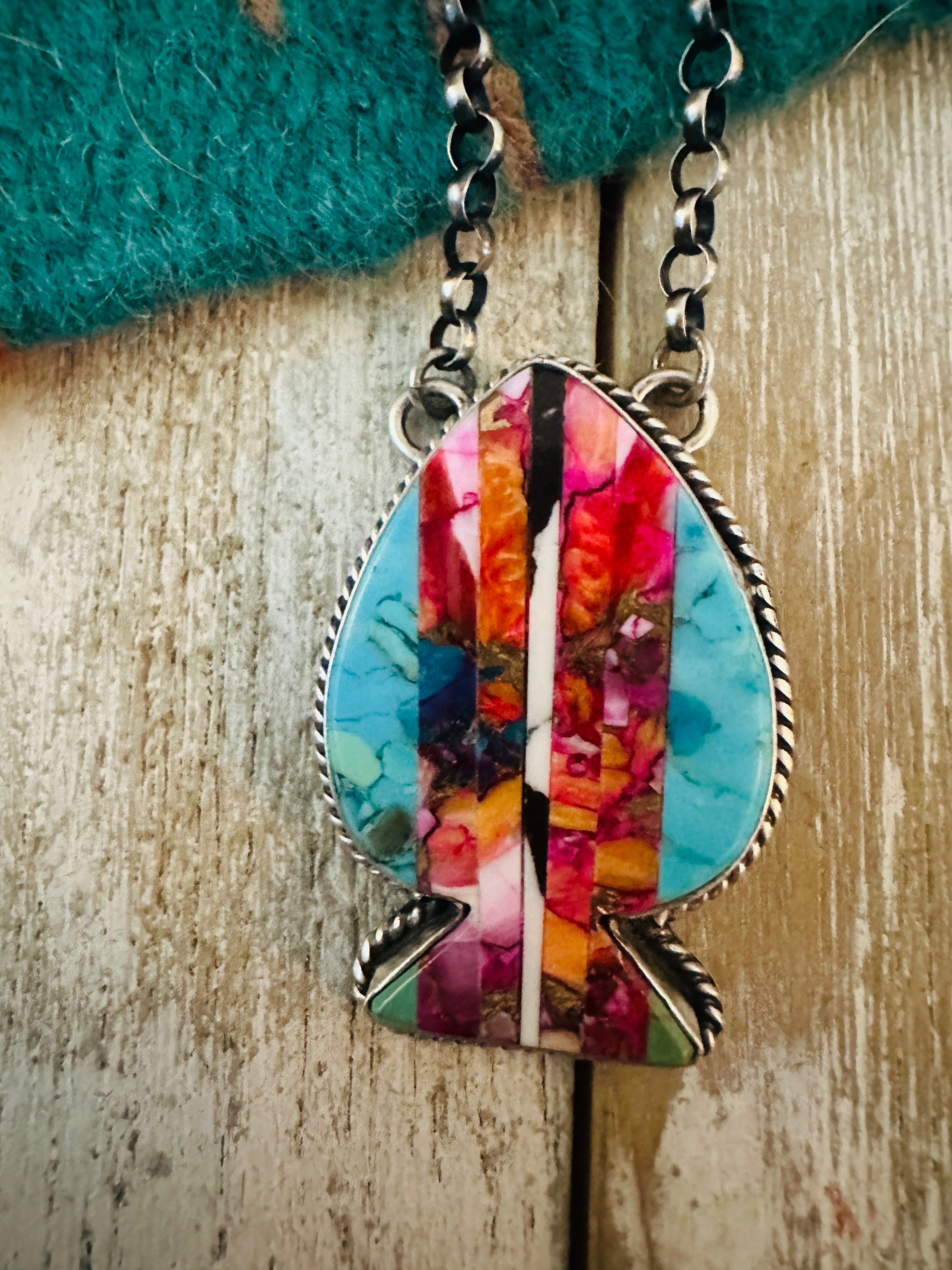 Navajo Sterling Silver & Multi Stone Inlay Spade Necklace