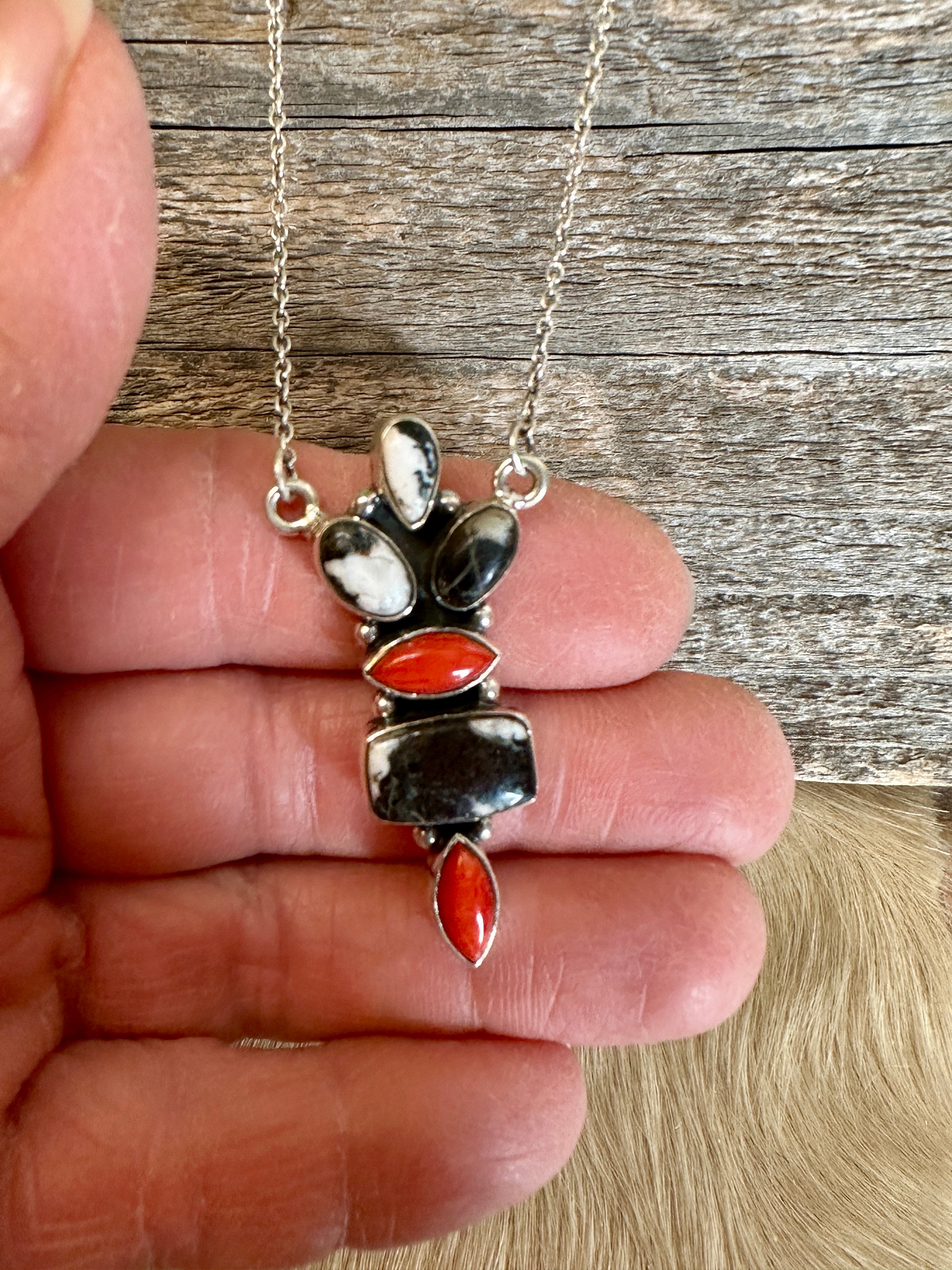 Handmade White Buffalo Red Coral Sterling Silver Necklace