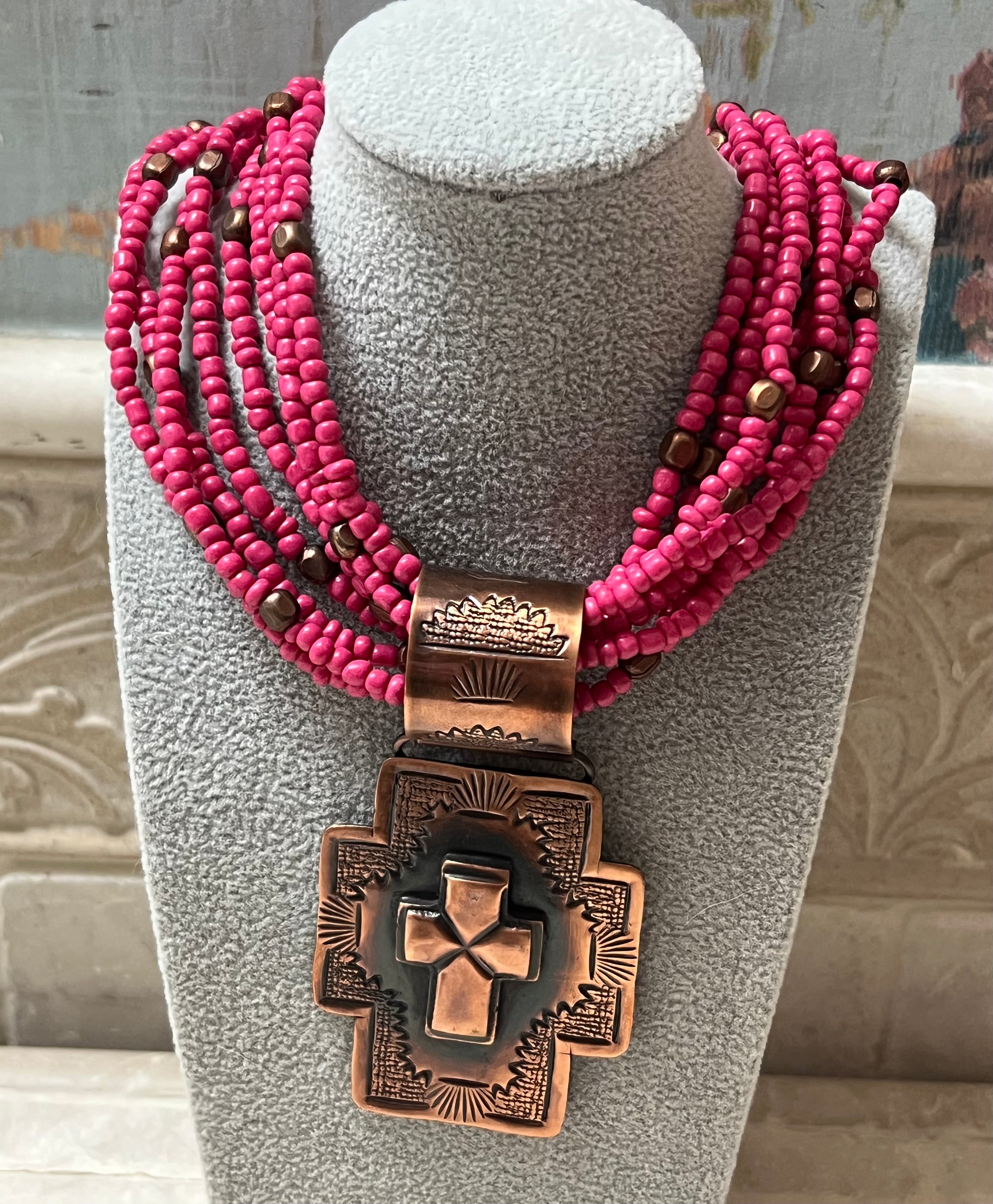 Copper Cross Pendant on Hot Pink Beaded Necklace