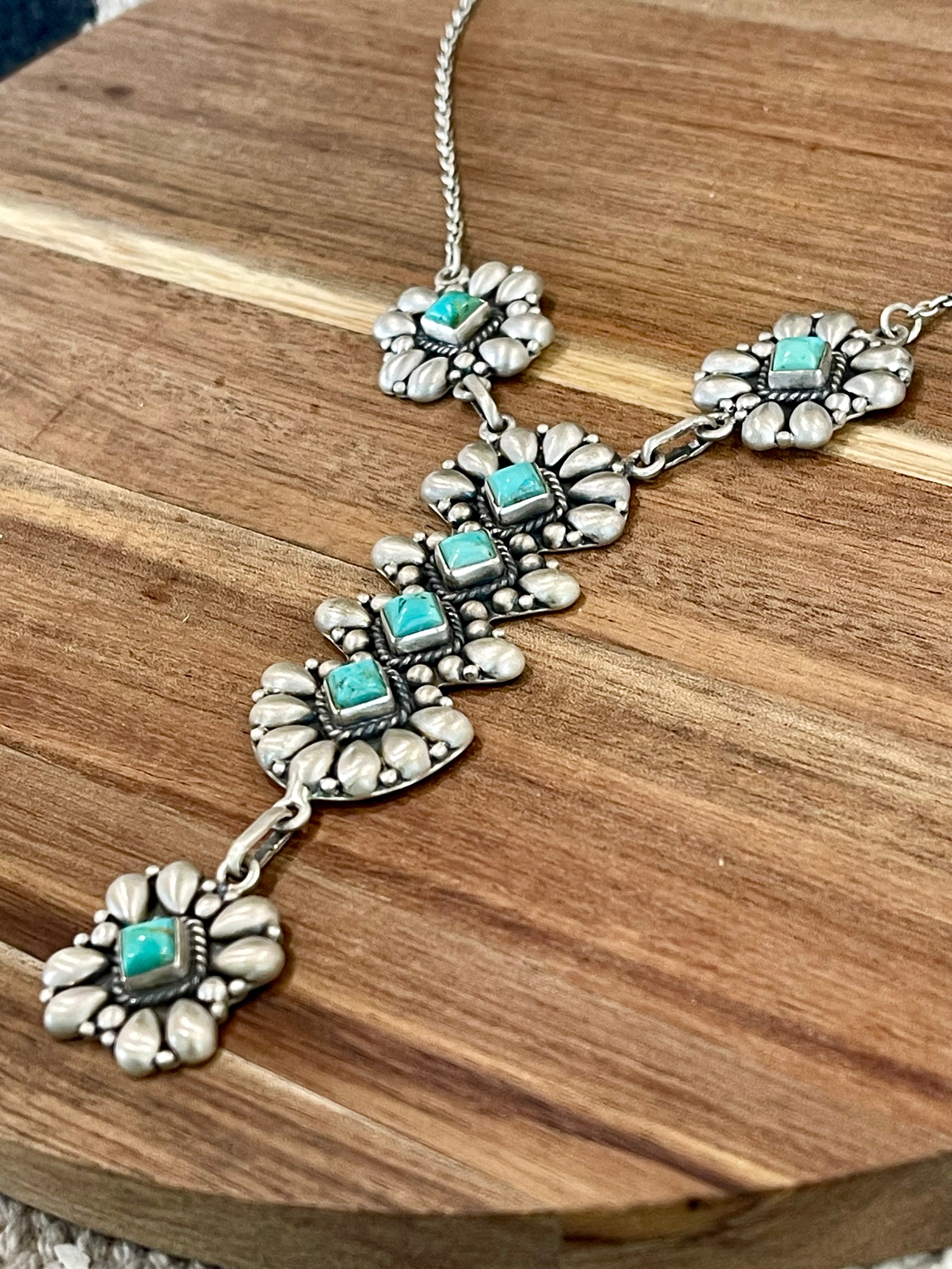Handmade Turquoise & Sterling Silver Lariat Necklace Signed Nizhoni
