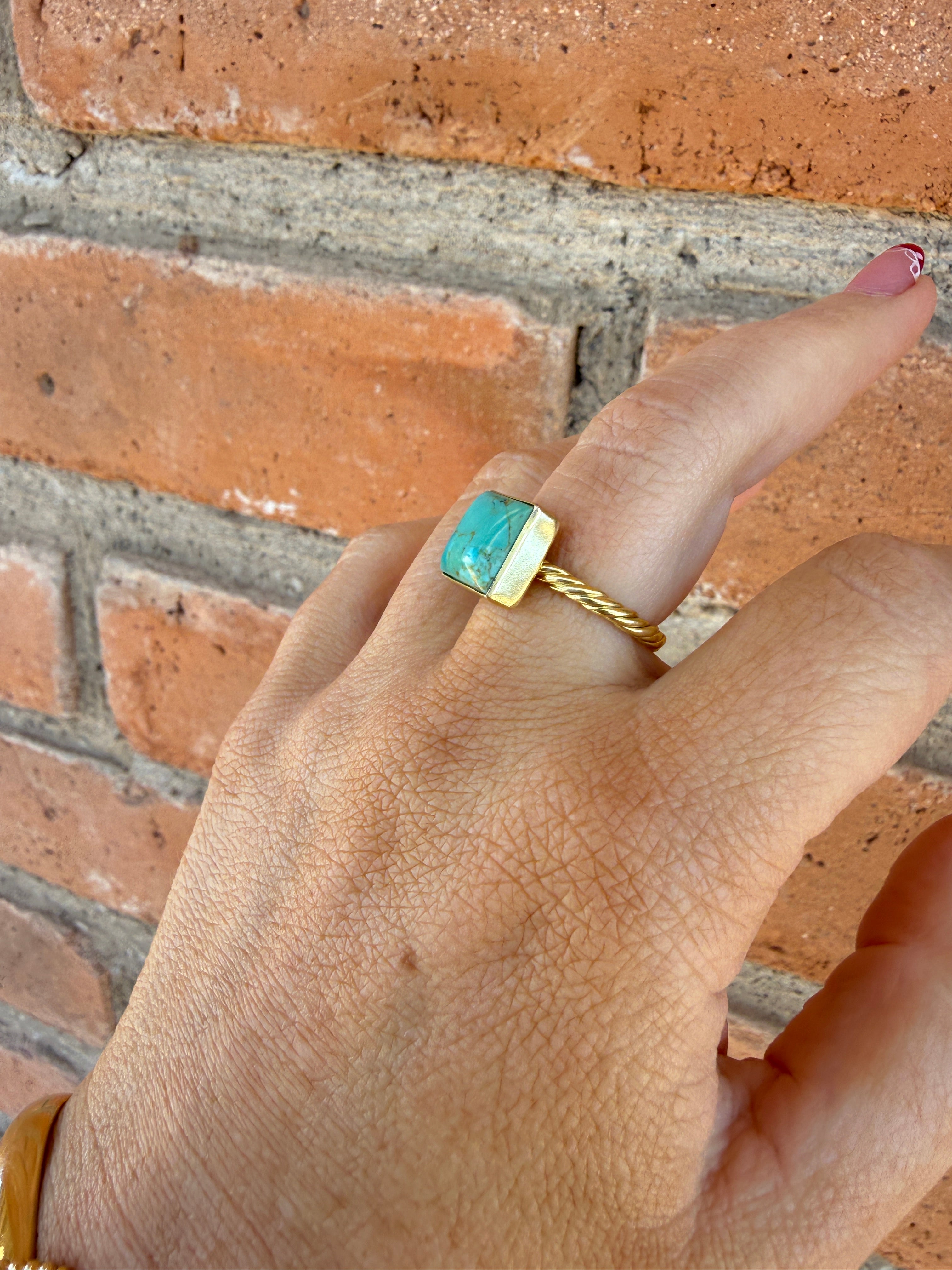 “The Golden Collection” Olive Square Handmade Natural Turquoise 14k Gold Plated Sterling Silver Adjustable Ring