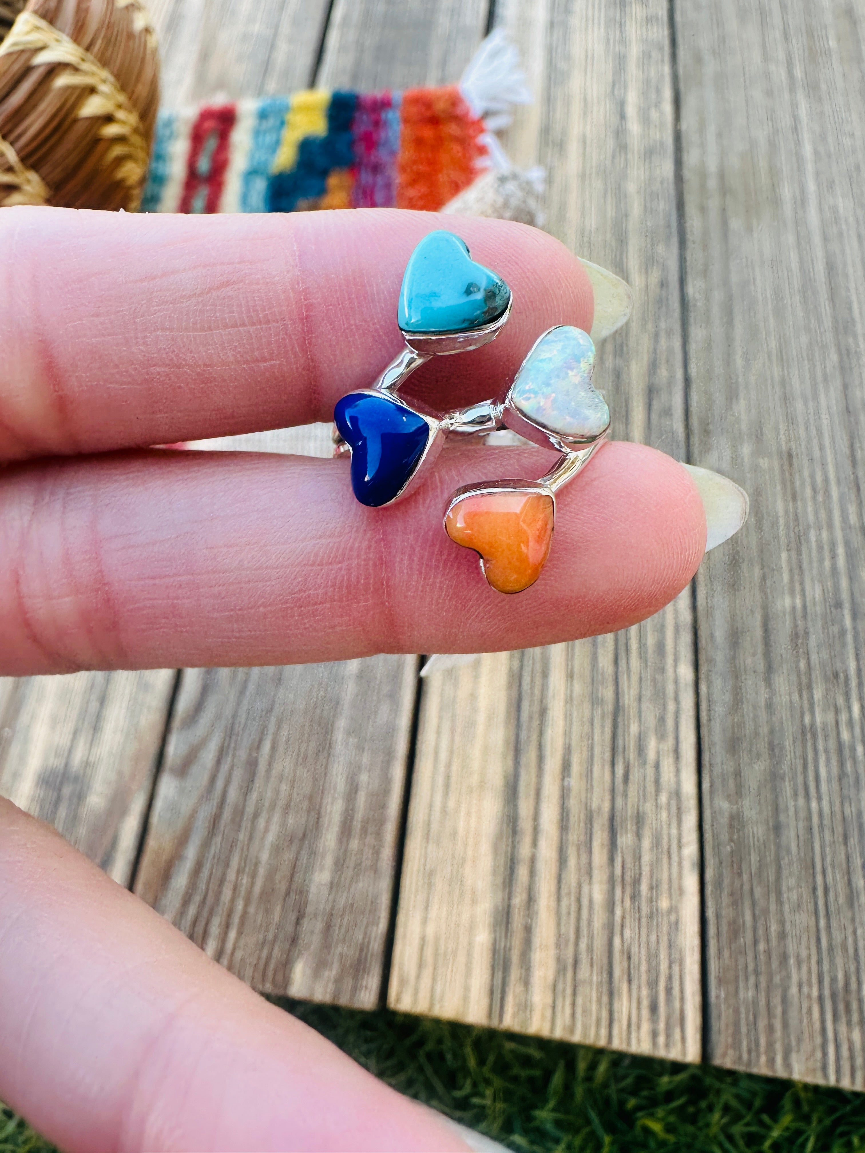 Handcrafted Multi Stone & Heart Ring Size 9.5