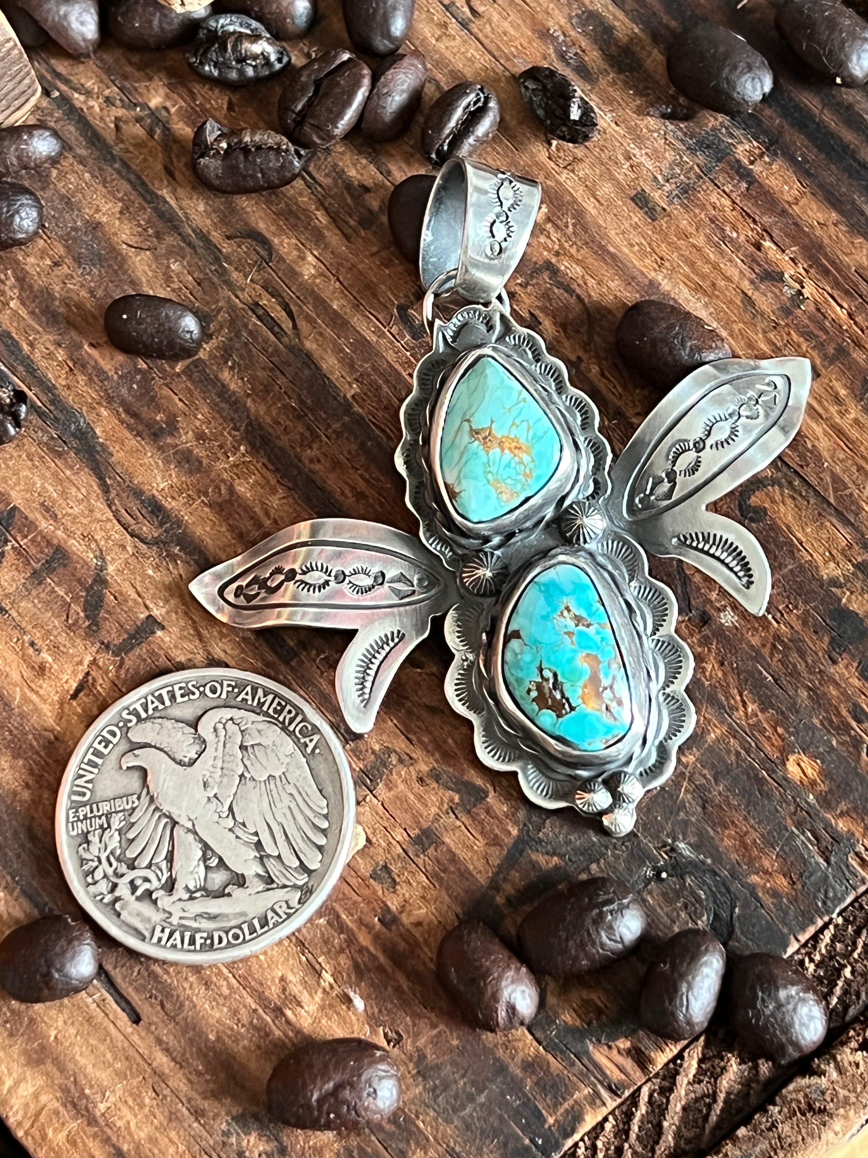 Kimari Somers Hand Stamped Sterling Silver and Turquoise Winged Bug Pendant