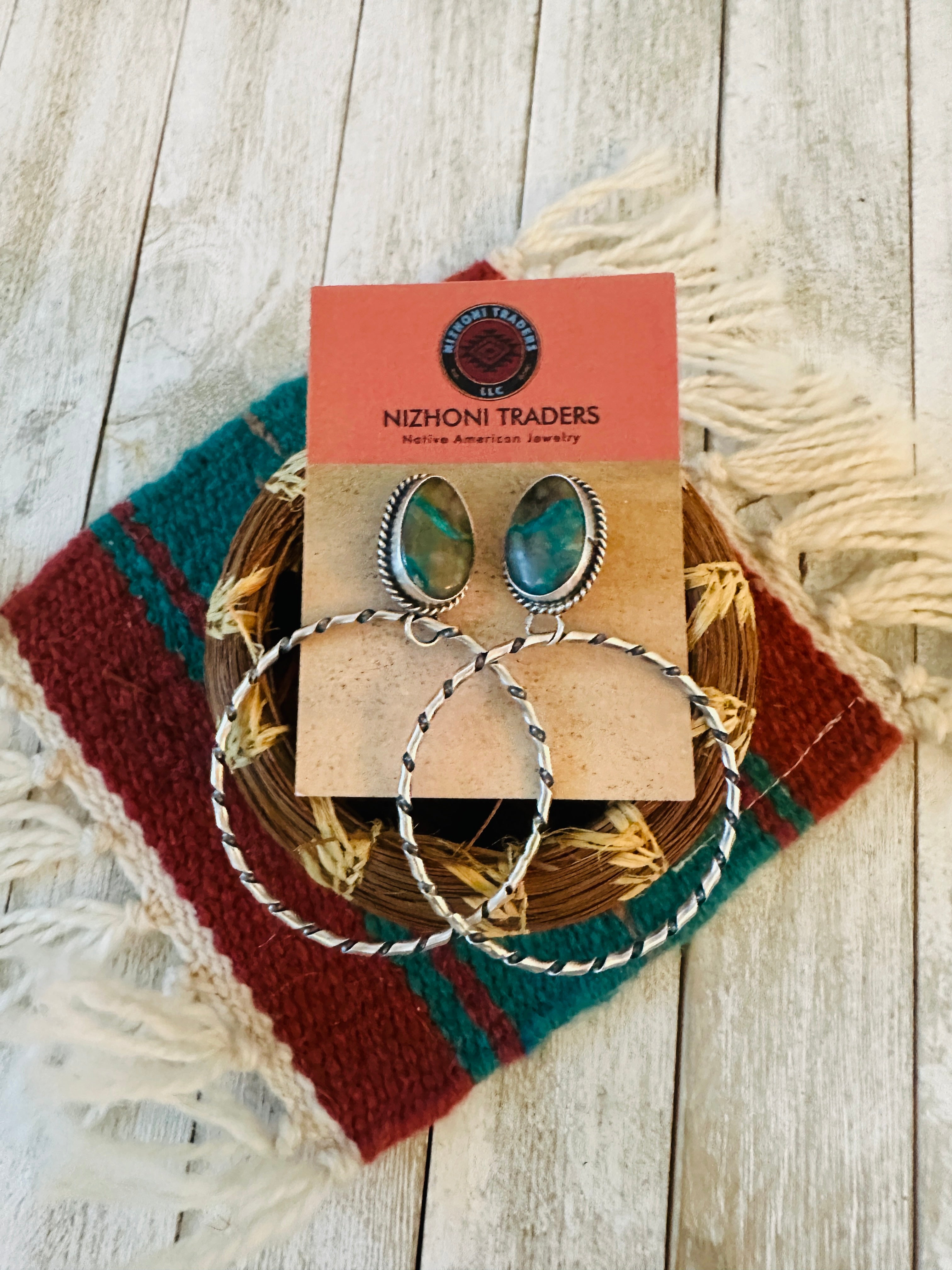 Navajo Ribbon Turquoise and Sterling Silver Dangle Hoop Earrings