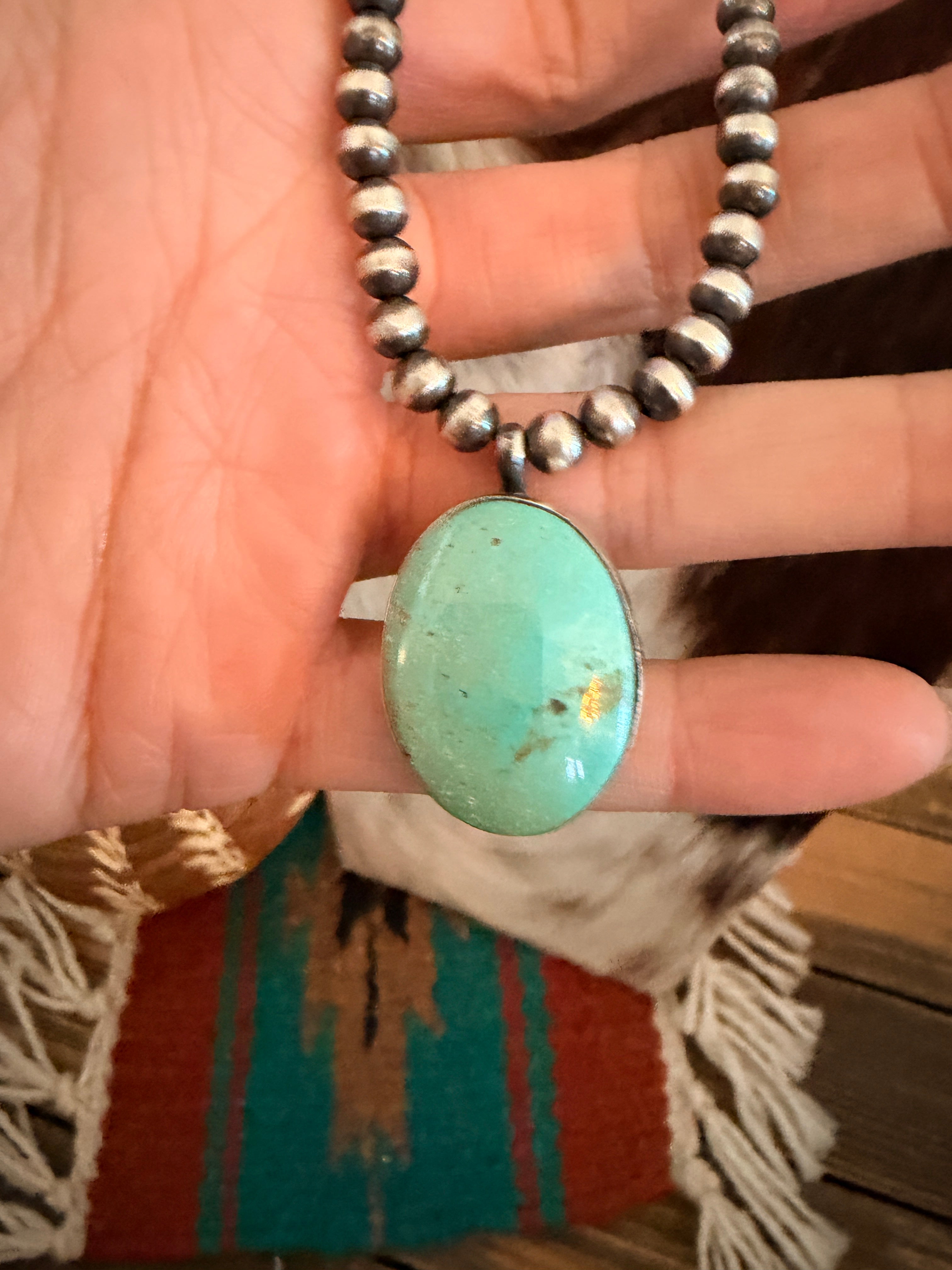 Handcrafted Turquoise & 5mm Sterling Silver Pearl 18” Beaded Necklace