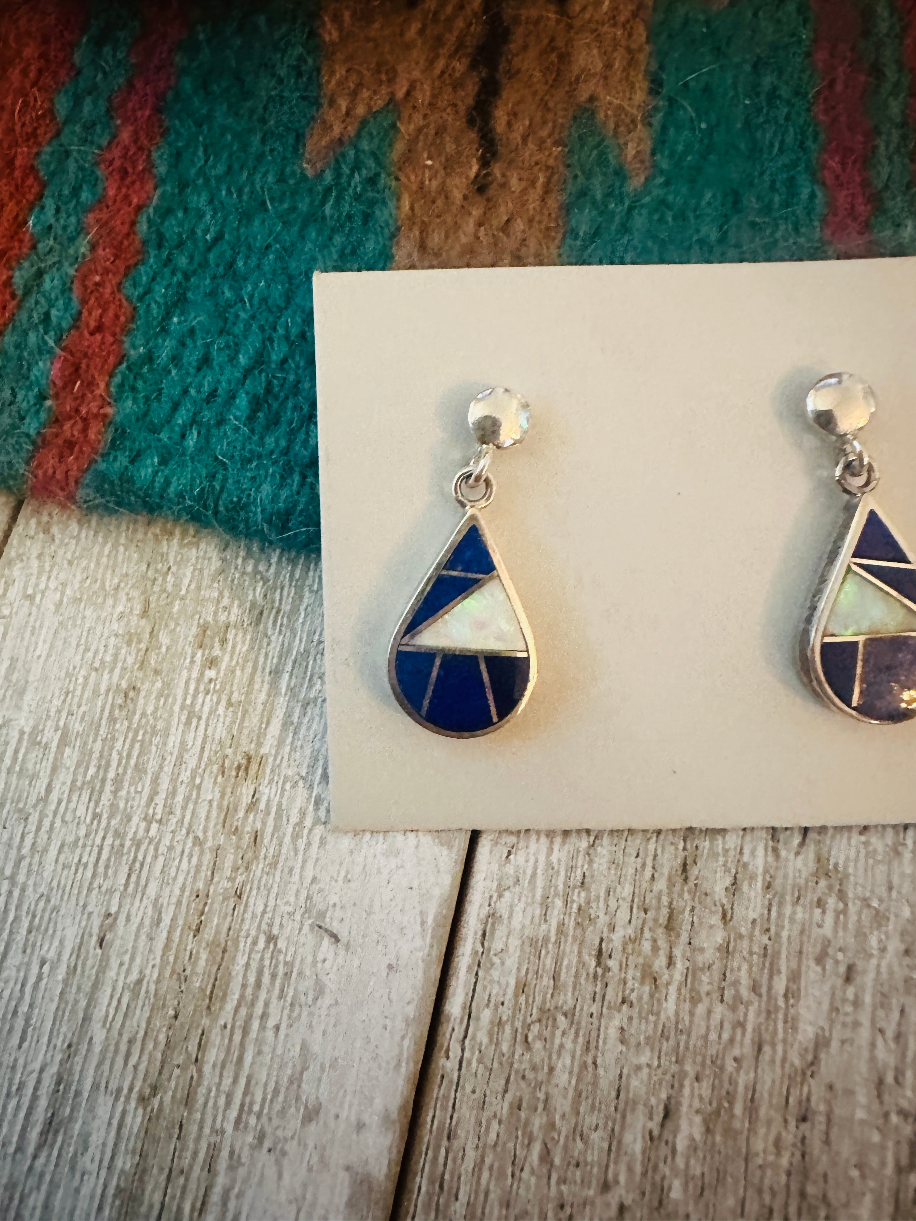 Handcrafted Lapis, Opal & Sterling Silver Inlay Dangle Earrings