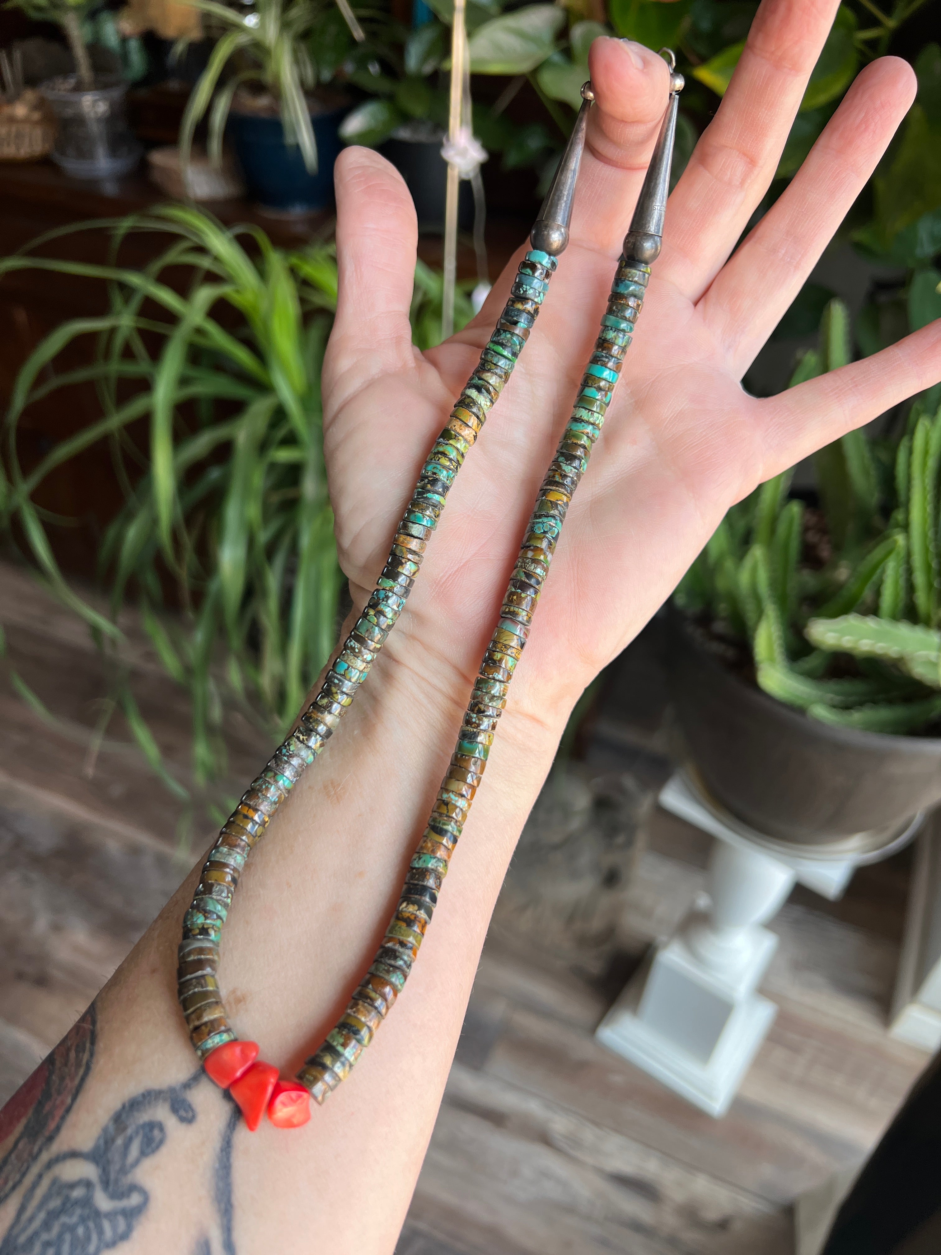Handcrafted Hubei Turquoise Beaded Necklace with Sterling Silver and Bamboo Coral by Kirby Smith: 13 To Choose From!