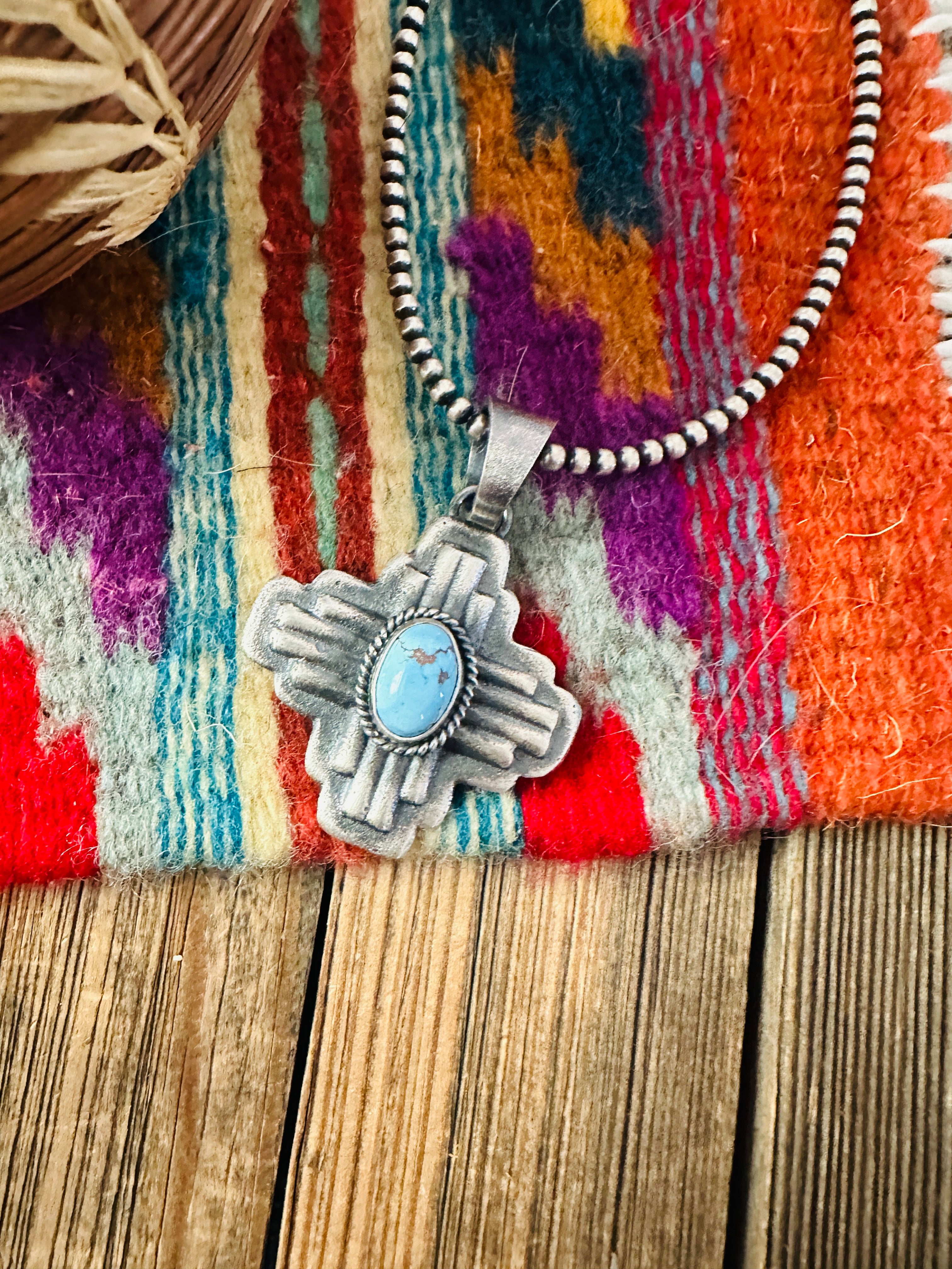 Handcrafted Sterling Silver & Golden Hills Turquoise Zia Cross Pendant by Kevin Billah