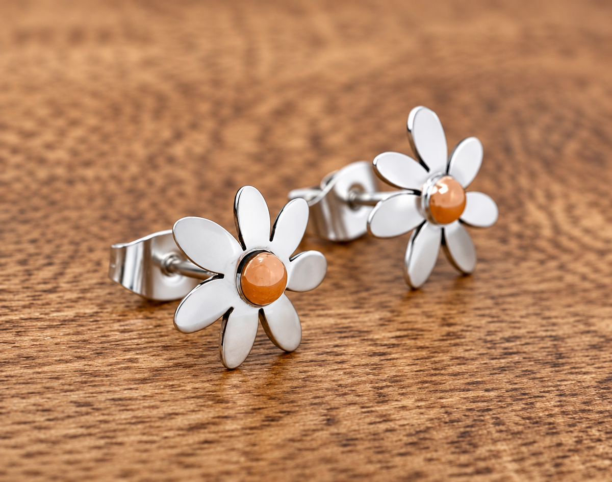 Sterling Silver Daisy Studs Post with Copper Center Earrings