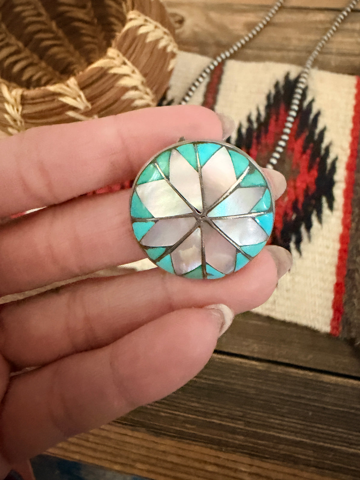 Old Pawn Handcrafted Mother of Pearl,Turquoise and Sterling Silver Inlay Brooch/ Pendant