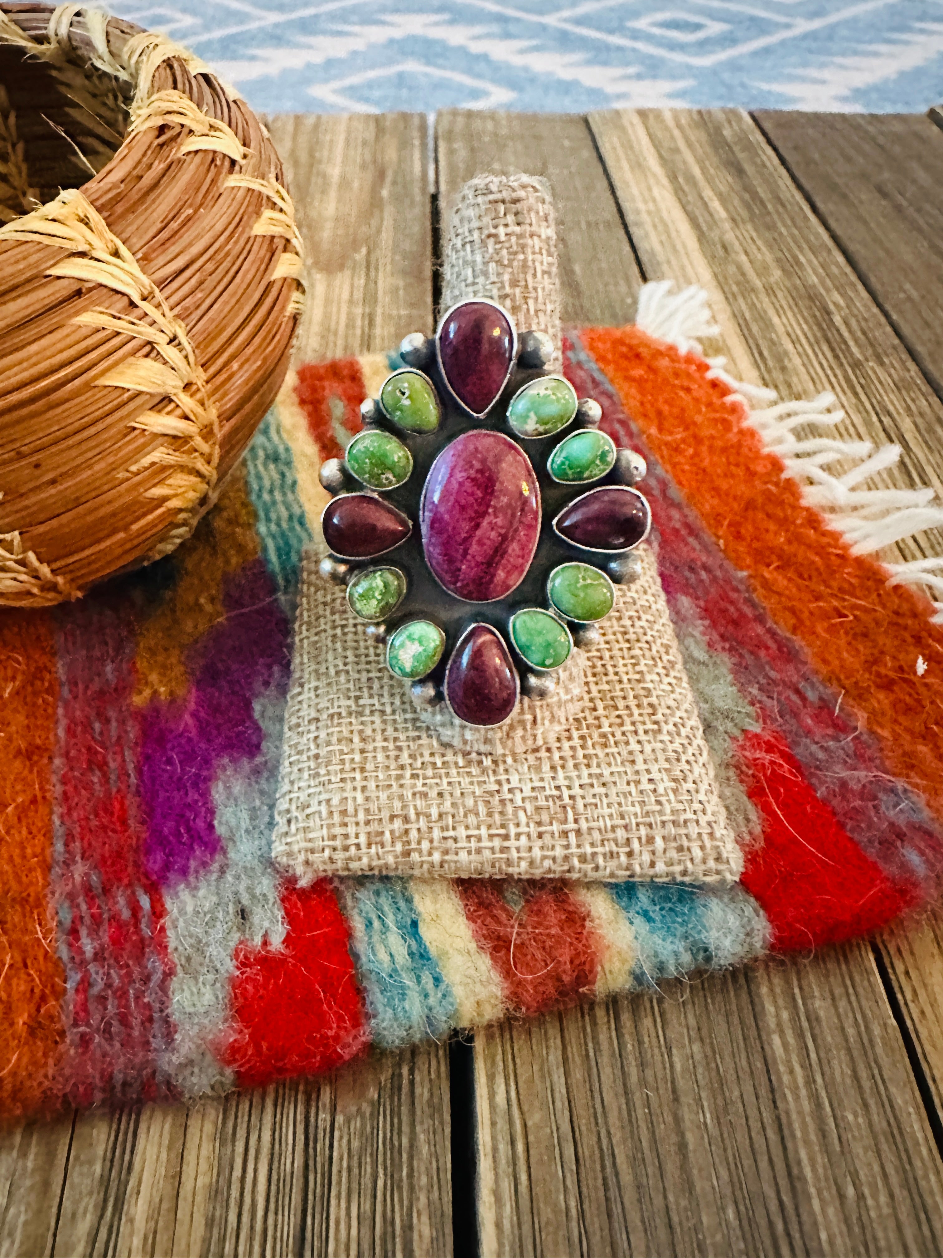 Handcrafted Spiny, Turquoise & Sterling Silver Adjustable Cluster Ring by Rena Shelly