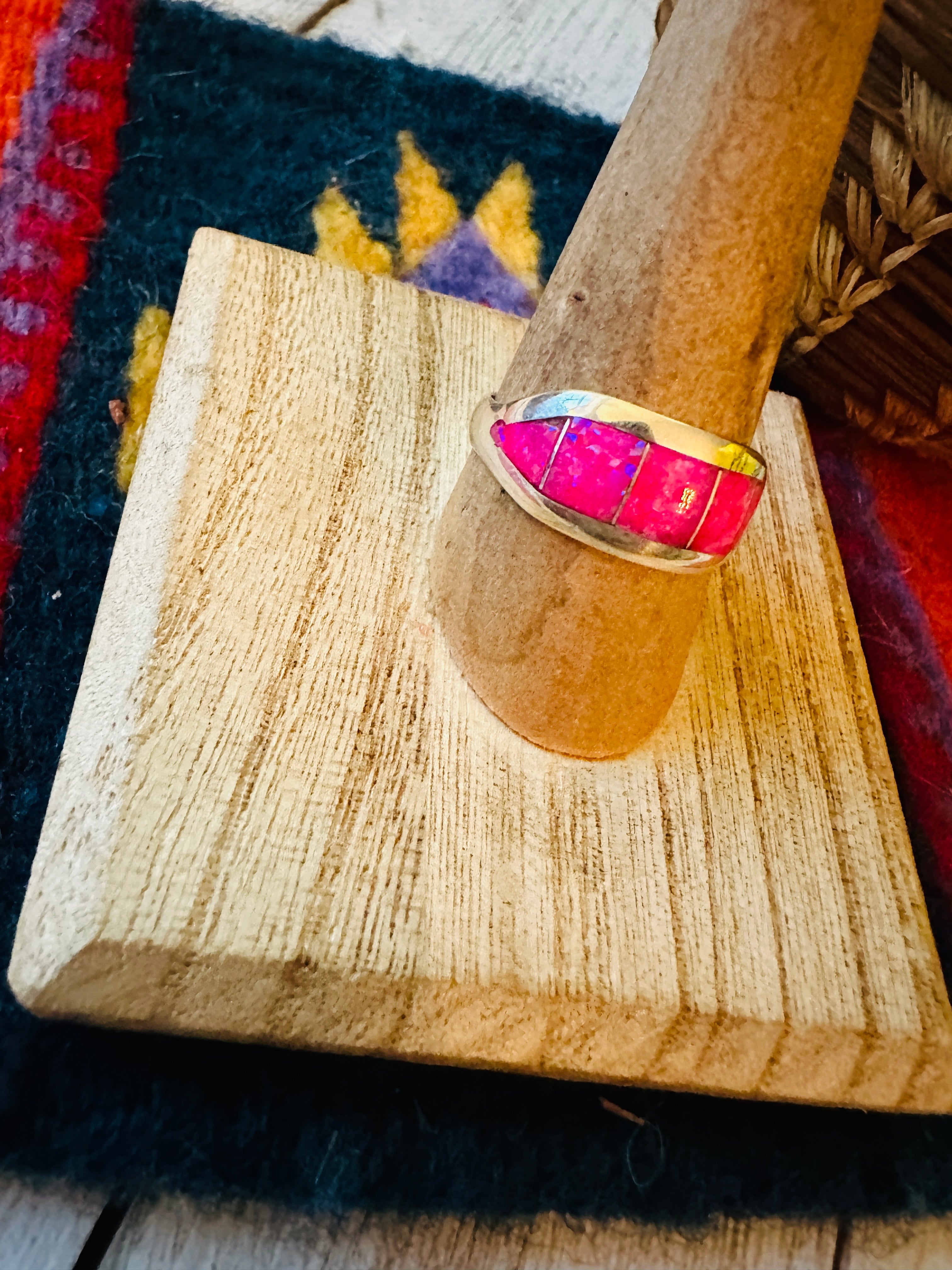 Handcrafted Pink Opal & Sterling Silver Inlay Band Ring Signed