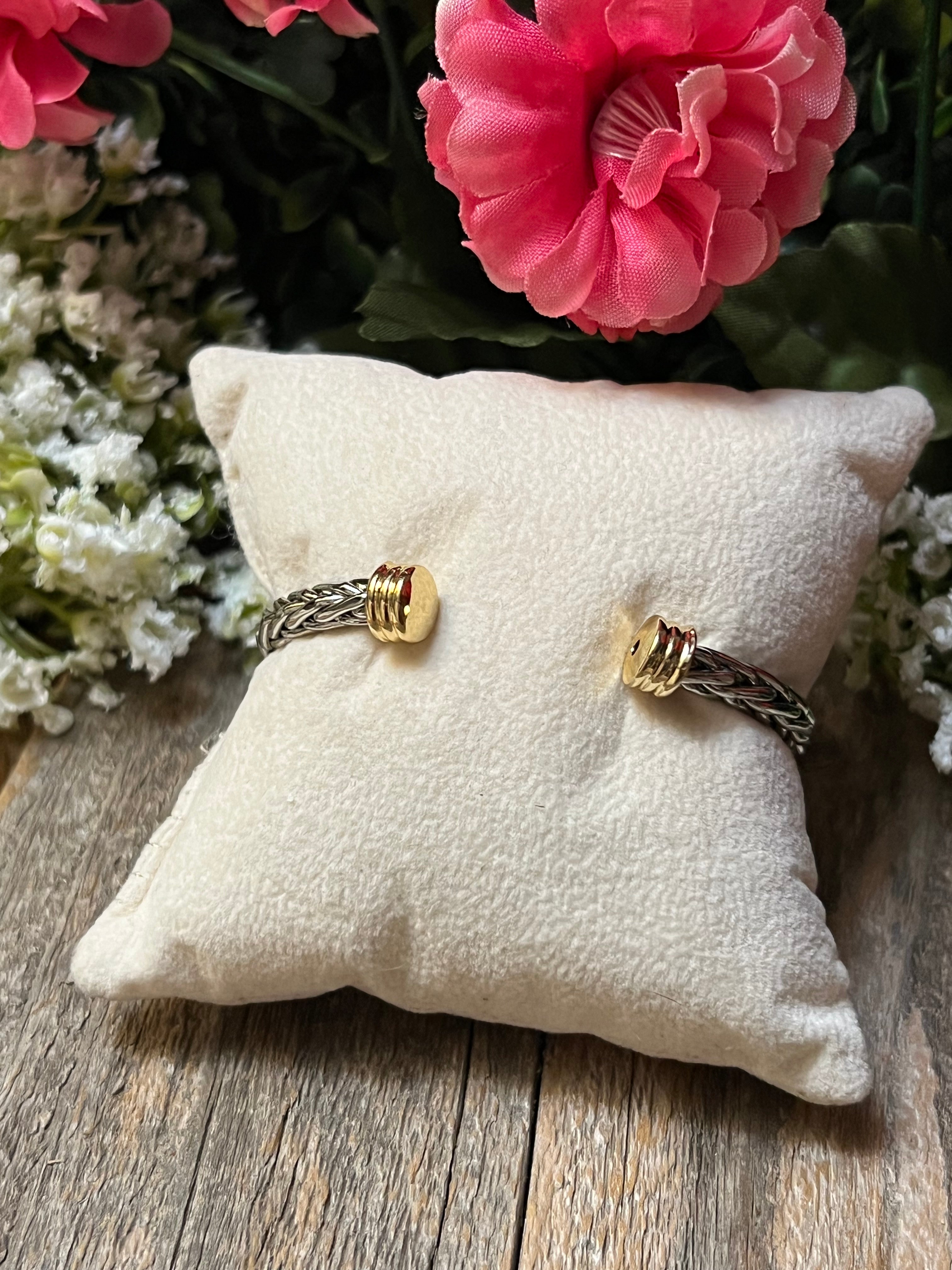 Silver & 14k Gold Plated Two Tone CZ Ponytail “X” Bangle Bracelet