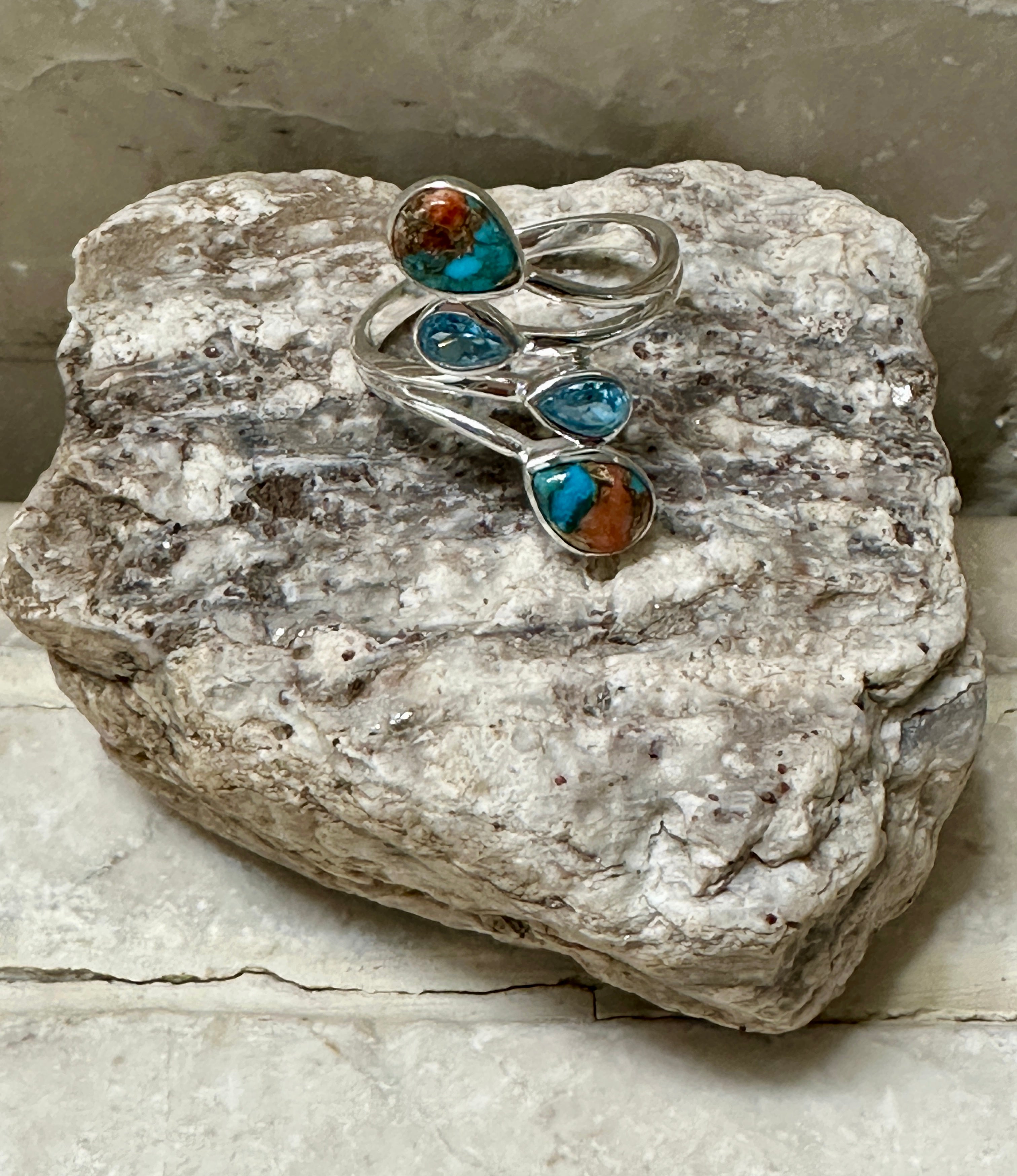 Turquoise, Blue Topaz and Spiny Oyster Sterling Silver Ring Size 7.5