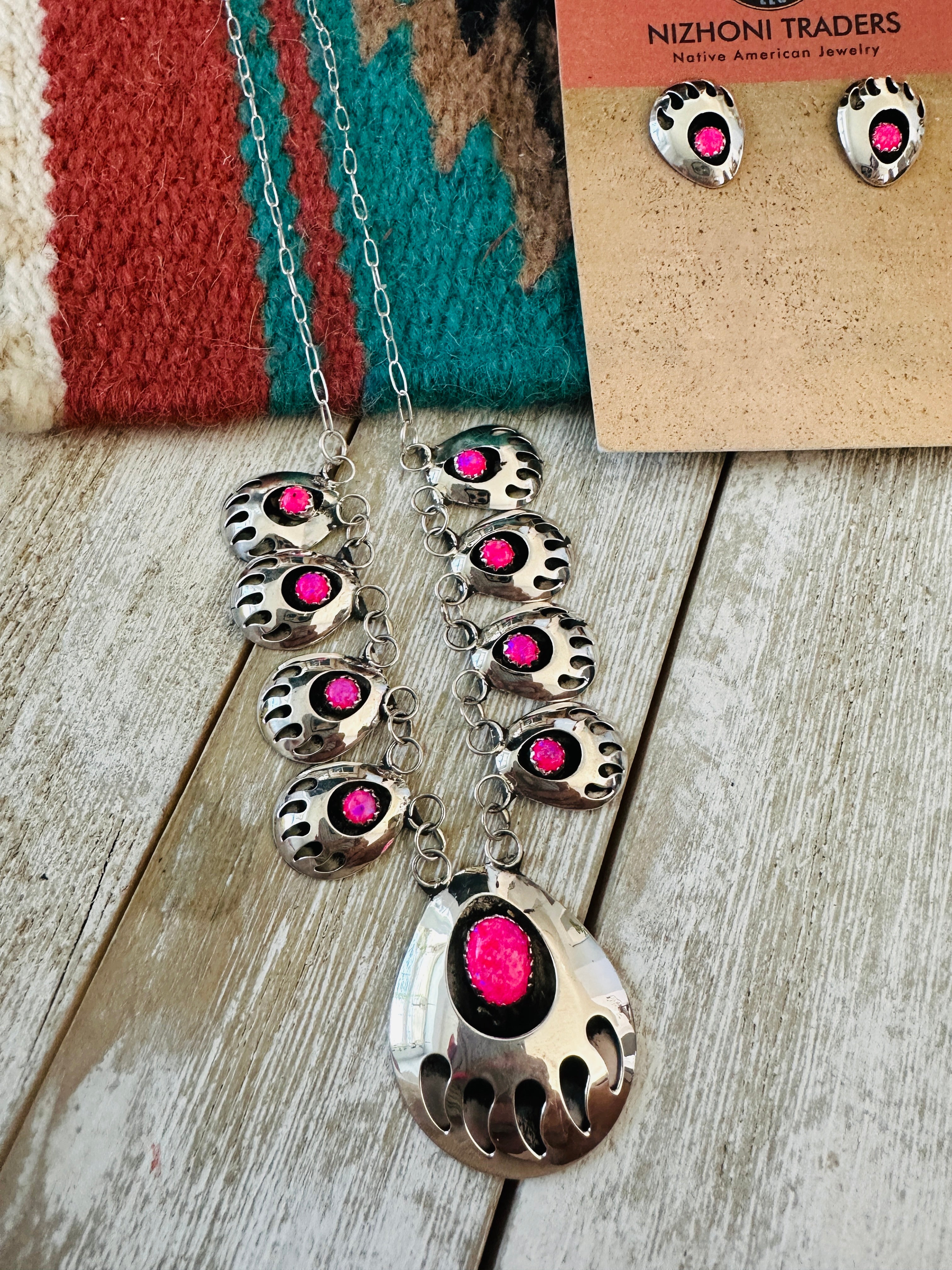 Handcrafted Sterling Silver & Pink Opal Bear Paw Necklace & Earring Set