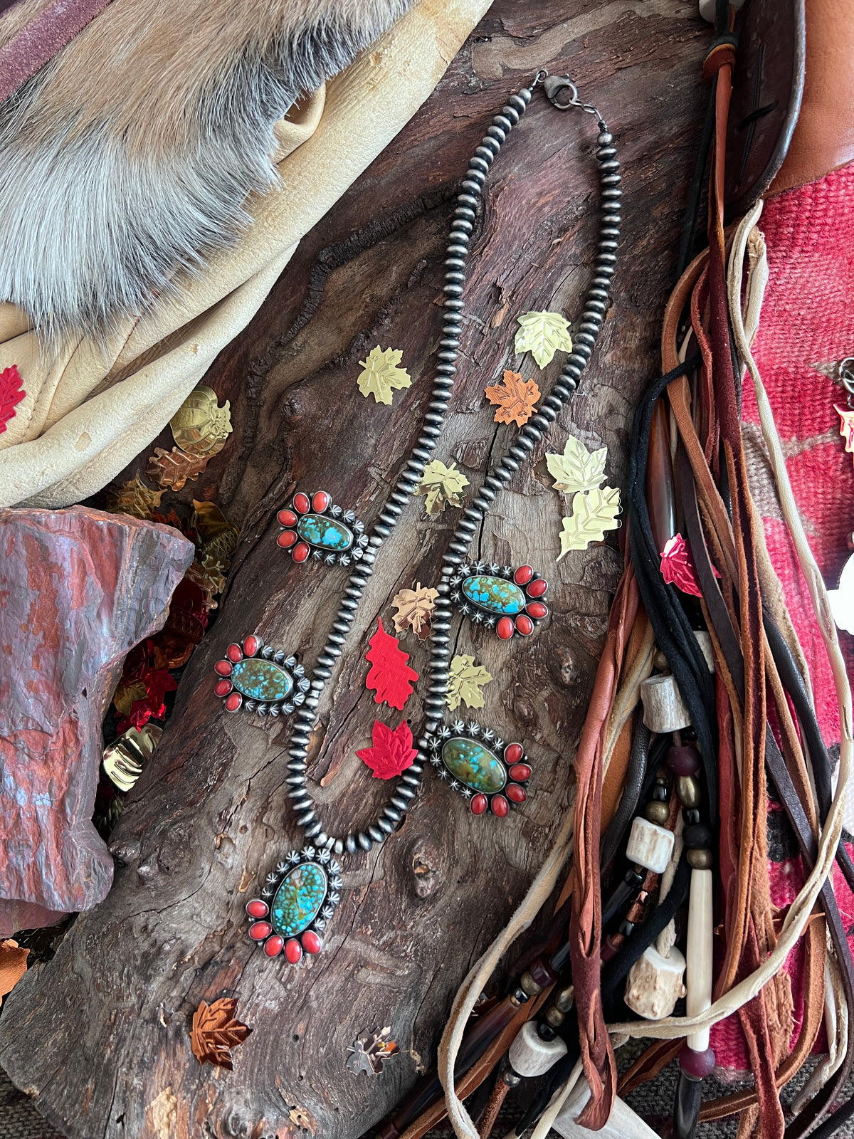 Taos Collection: Handcrafted Sterling Silver, Kingman Turquoise & Mediterranean Red Coral Beaded Necklace