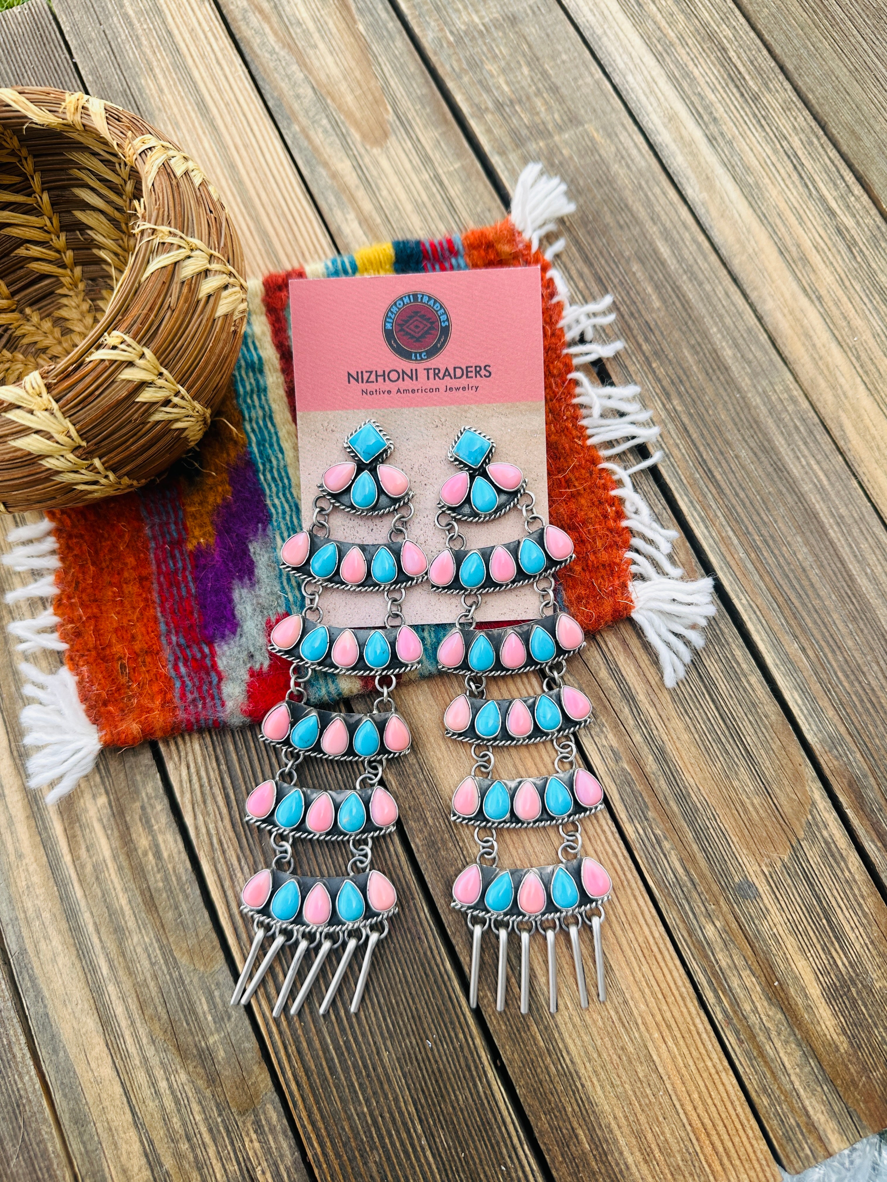 Handcrafted Turquoise, Pink Conch & Sterling Silver Chandelier Dangle Earrings by Charles Johnson