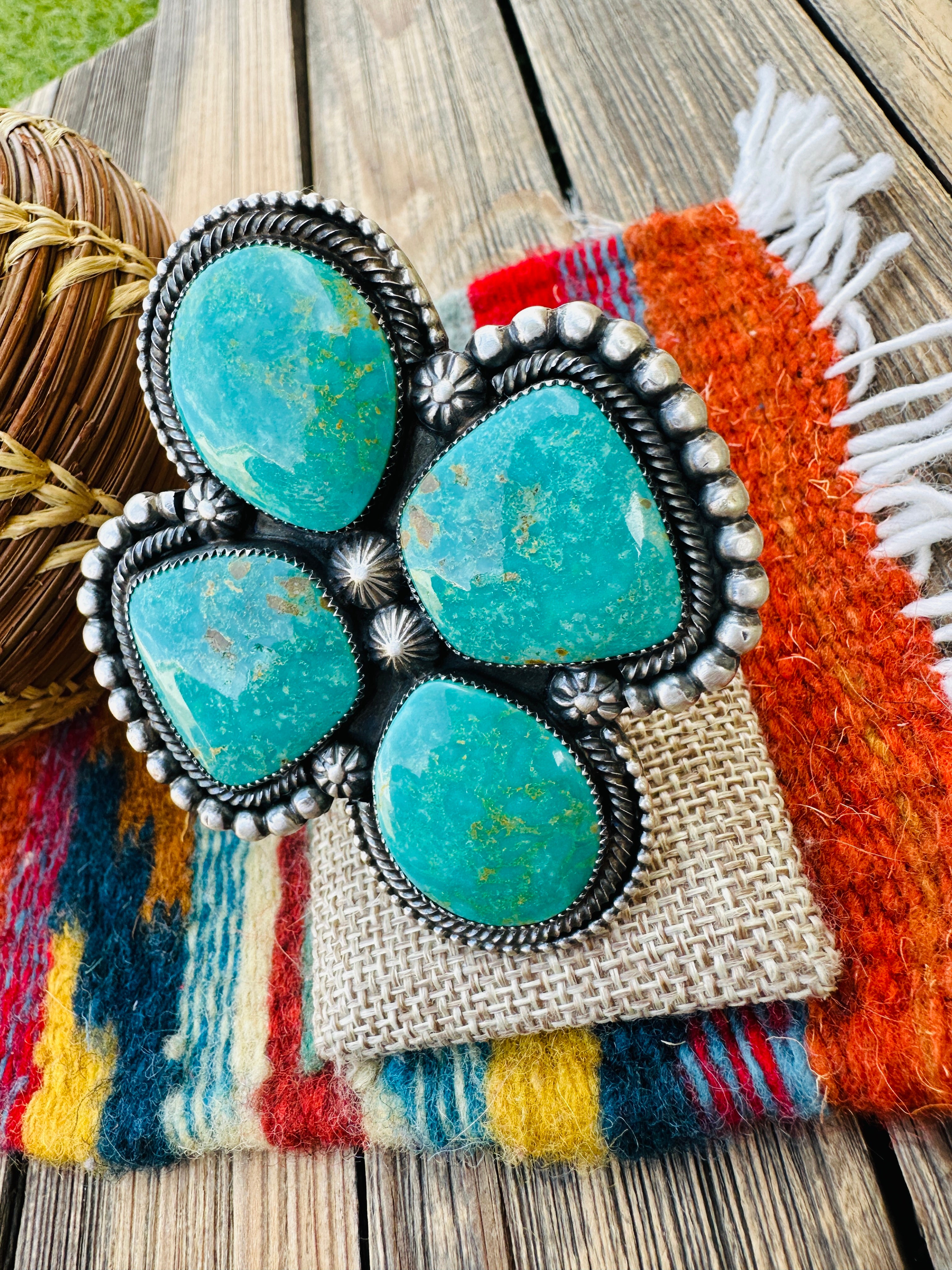 Old Pawn Handcrafted Turquoise & Sterling Silver Adjustable Ring by Readda Begay