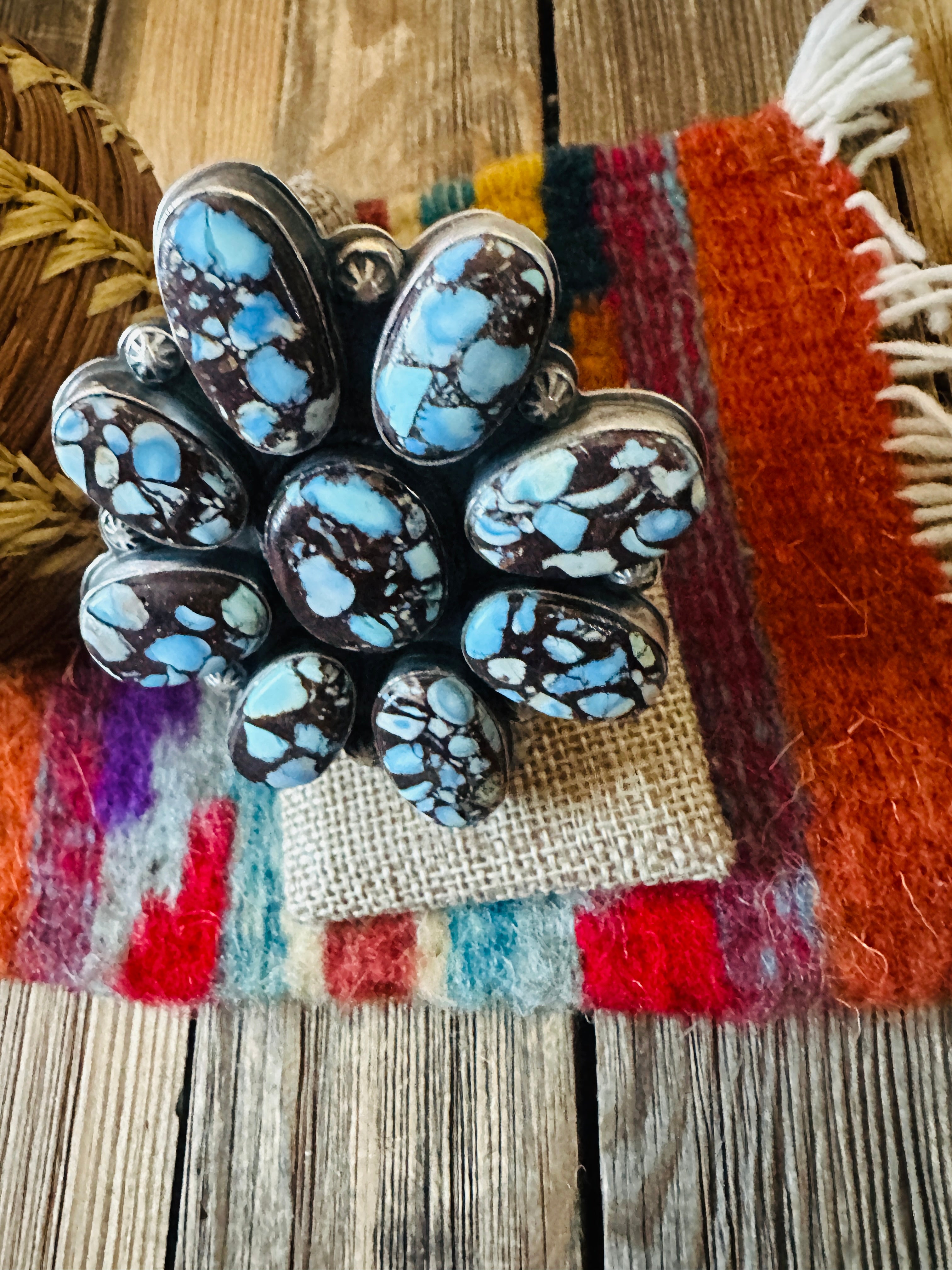 Handcrafted Golden Hills Turquoise & Sterling Silver Cluster Adjustable Ring