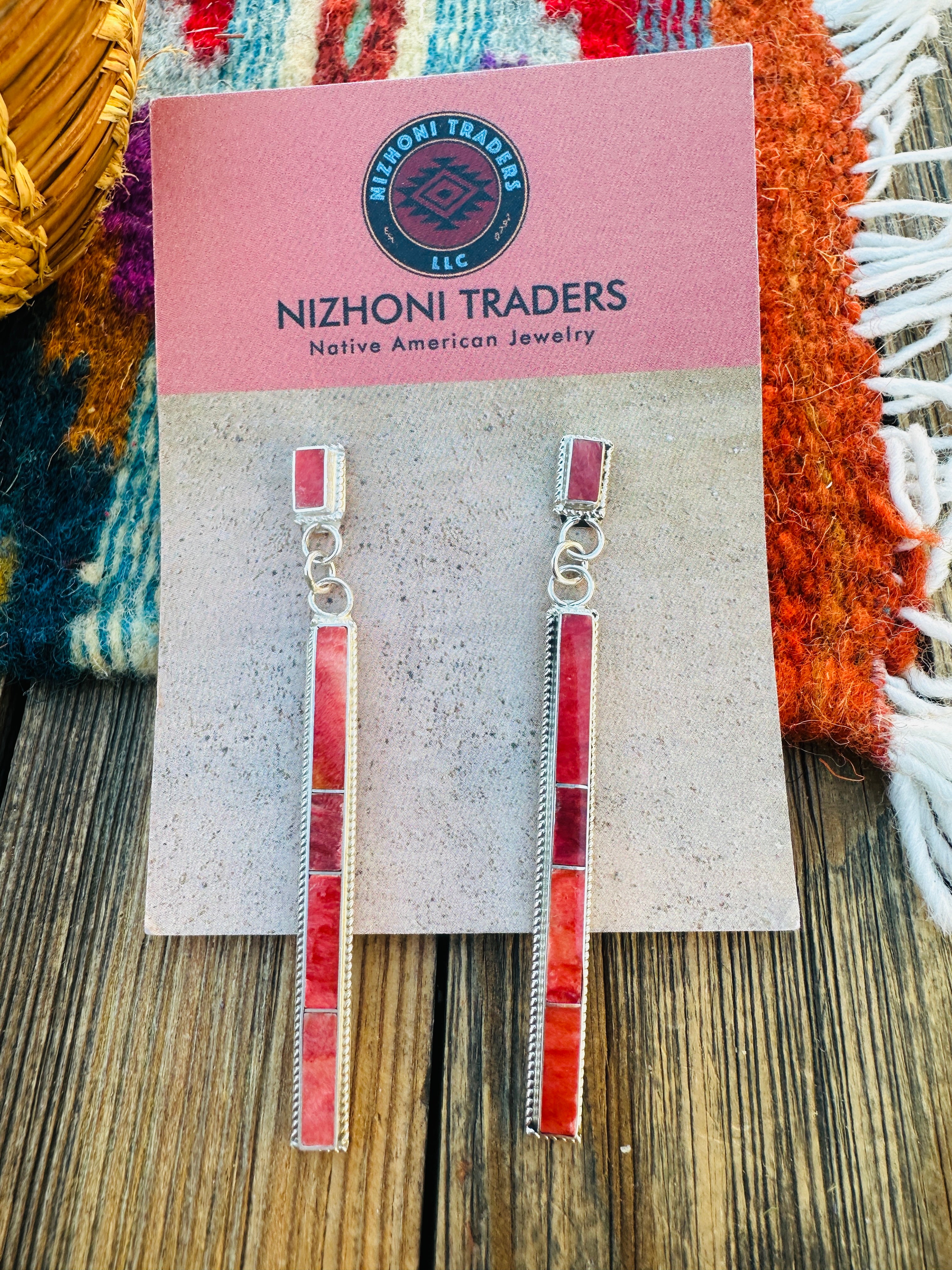 Handcrafted Spiny Oyster & Sterling Silver Inlay Dangle Earrings