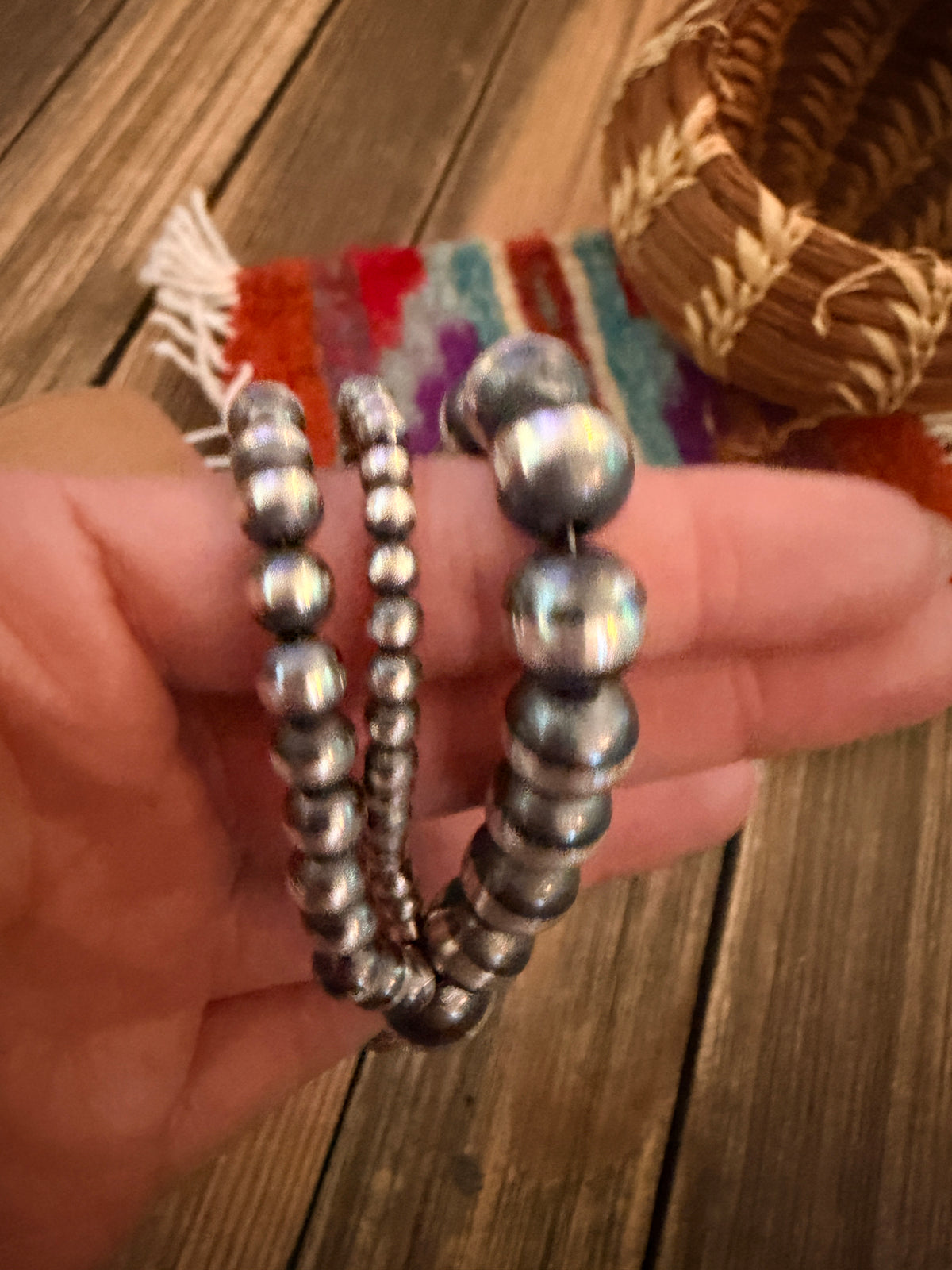Handcrafted Sterling Silver Pearl Triple Strand Beaded Bracelet 8"