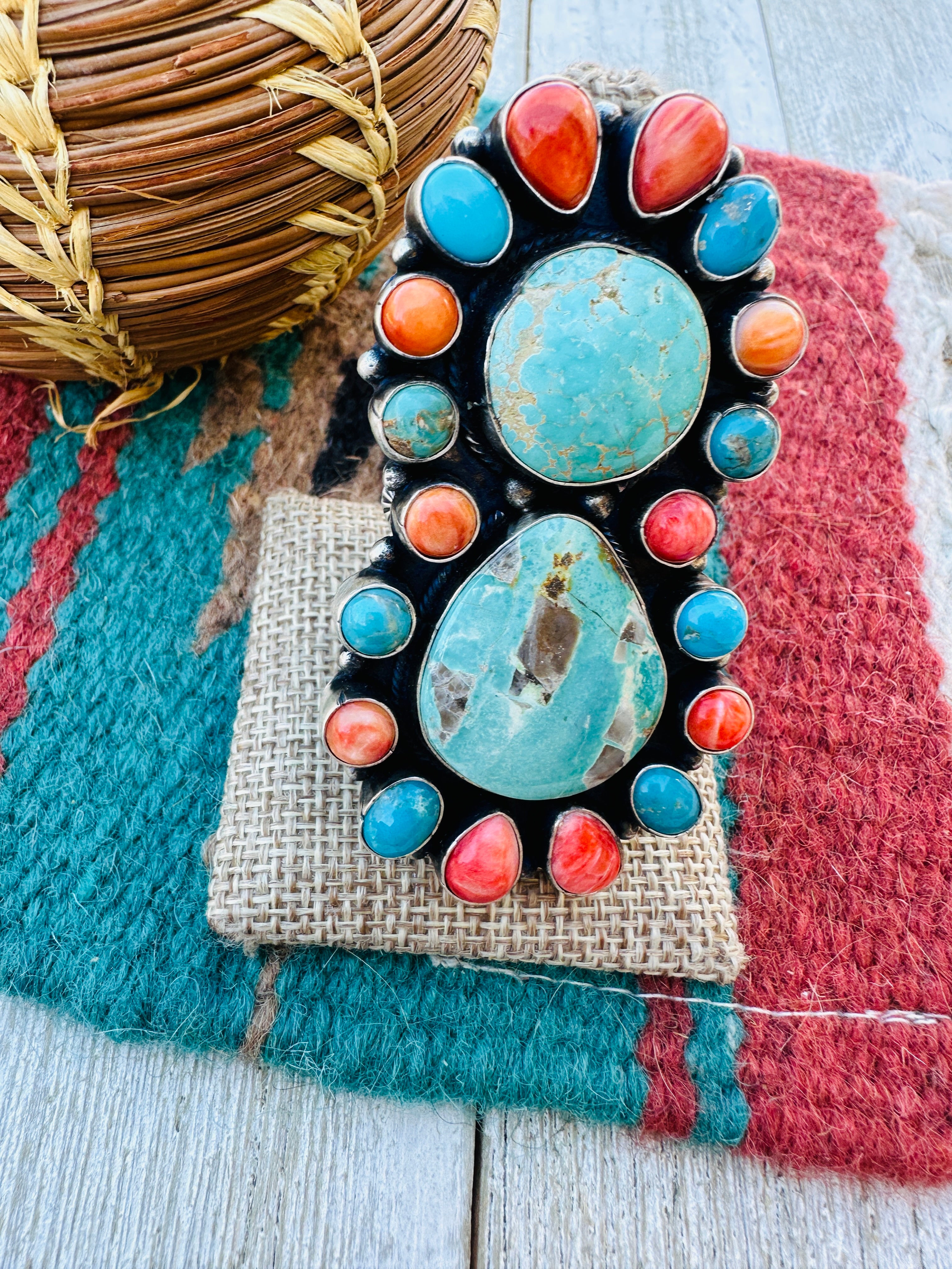 Handcrafted Turquoise, Spiny & Sterling Silver Cluster Ring Size 12 by Sheila Becenti