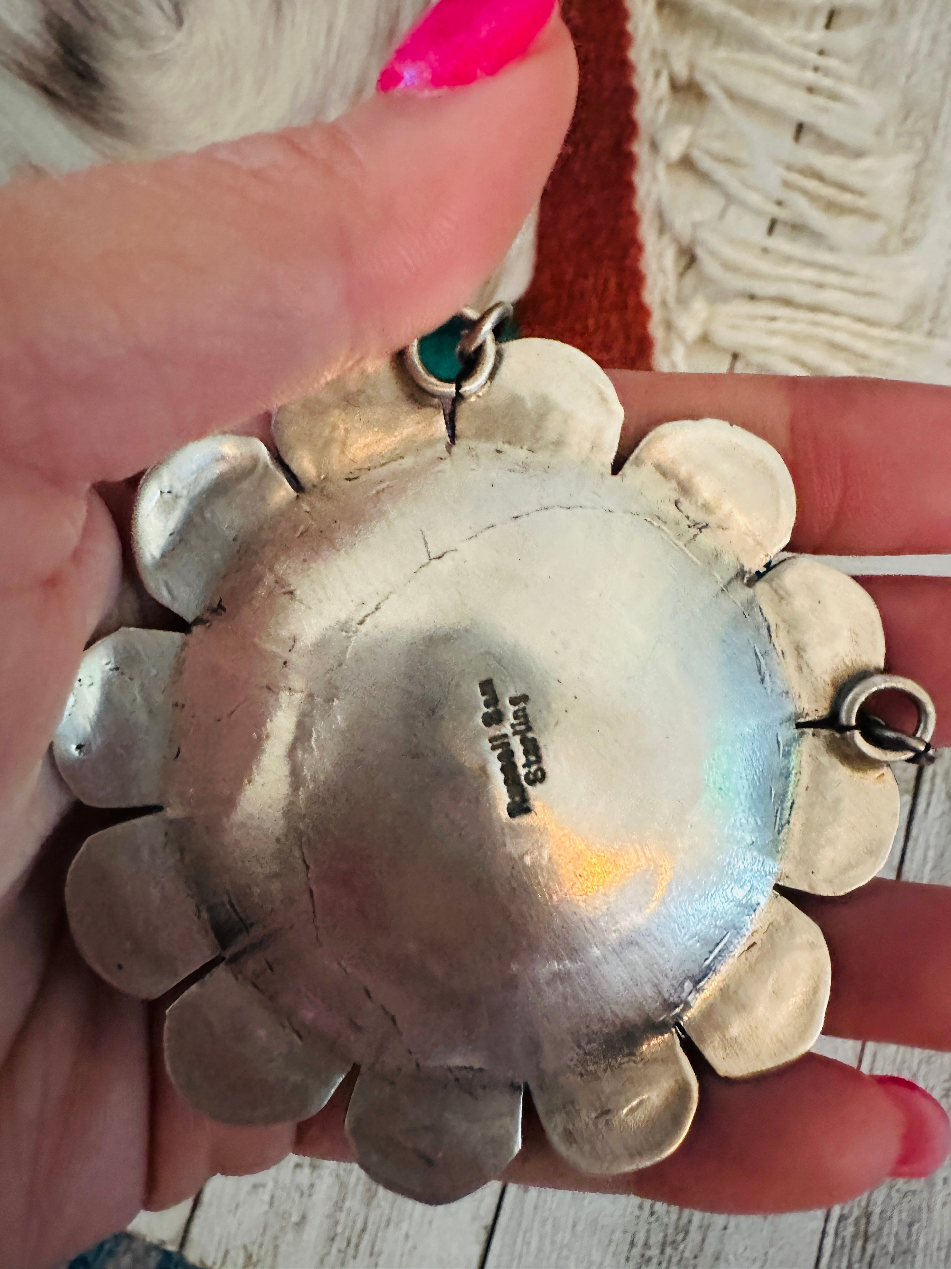 Handcrafted Sterling Silver and Turquoise Sunflower Necklace with Bee by Russell Sam