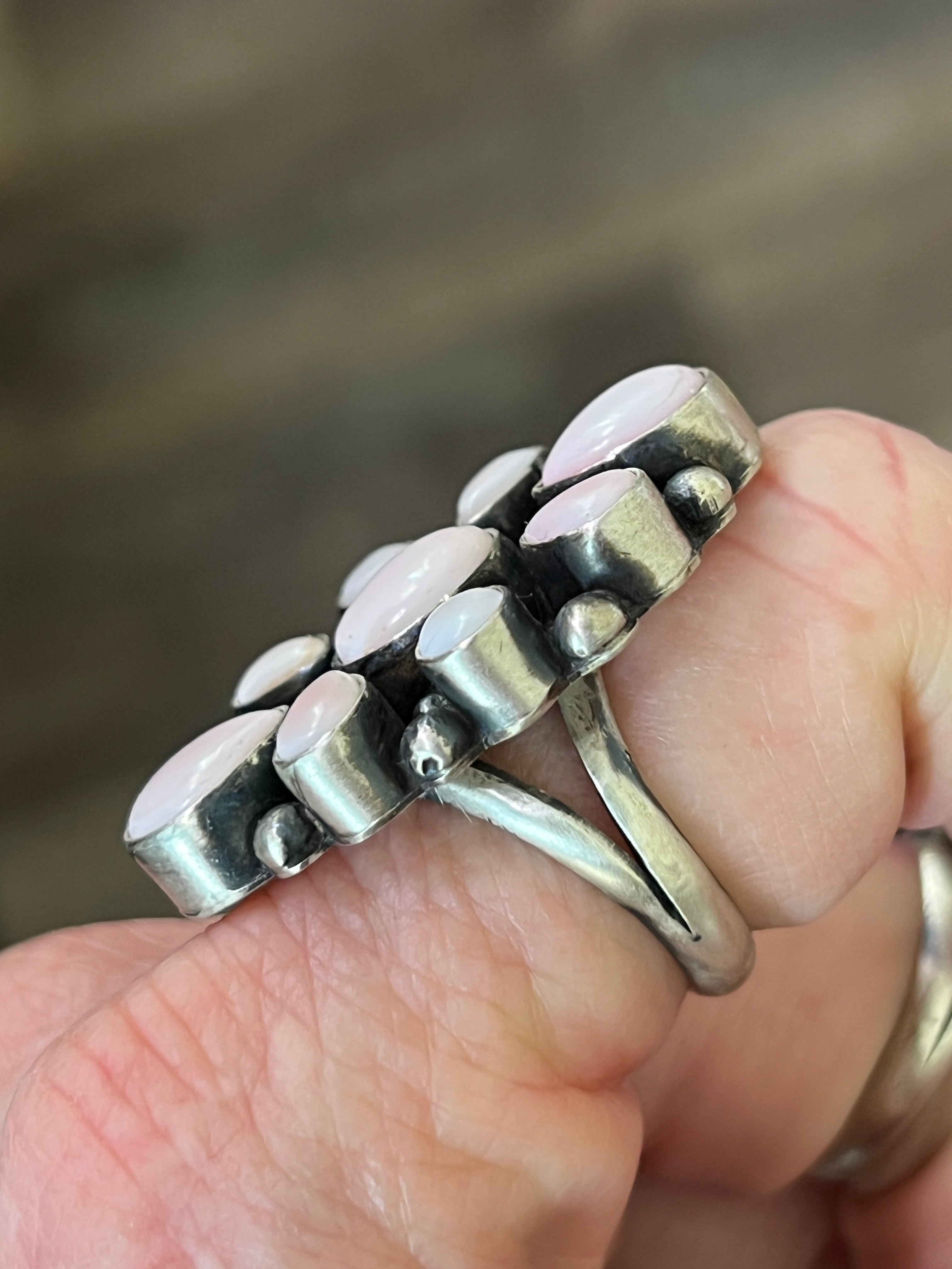 Handcrafted Sterling Silver and Queen Pink Conch Shell Cluster Ring by Travis Jim